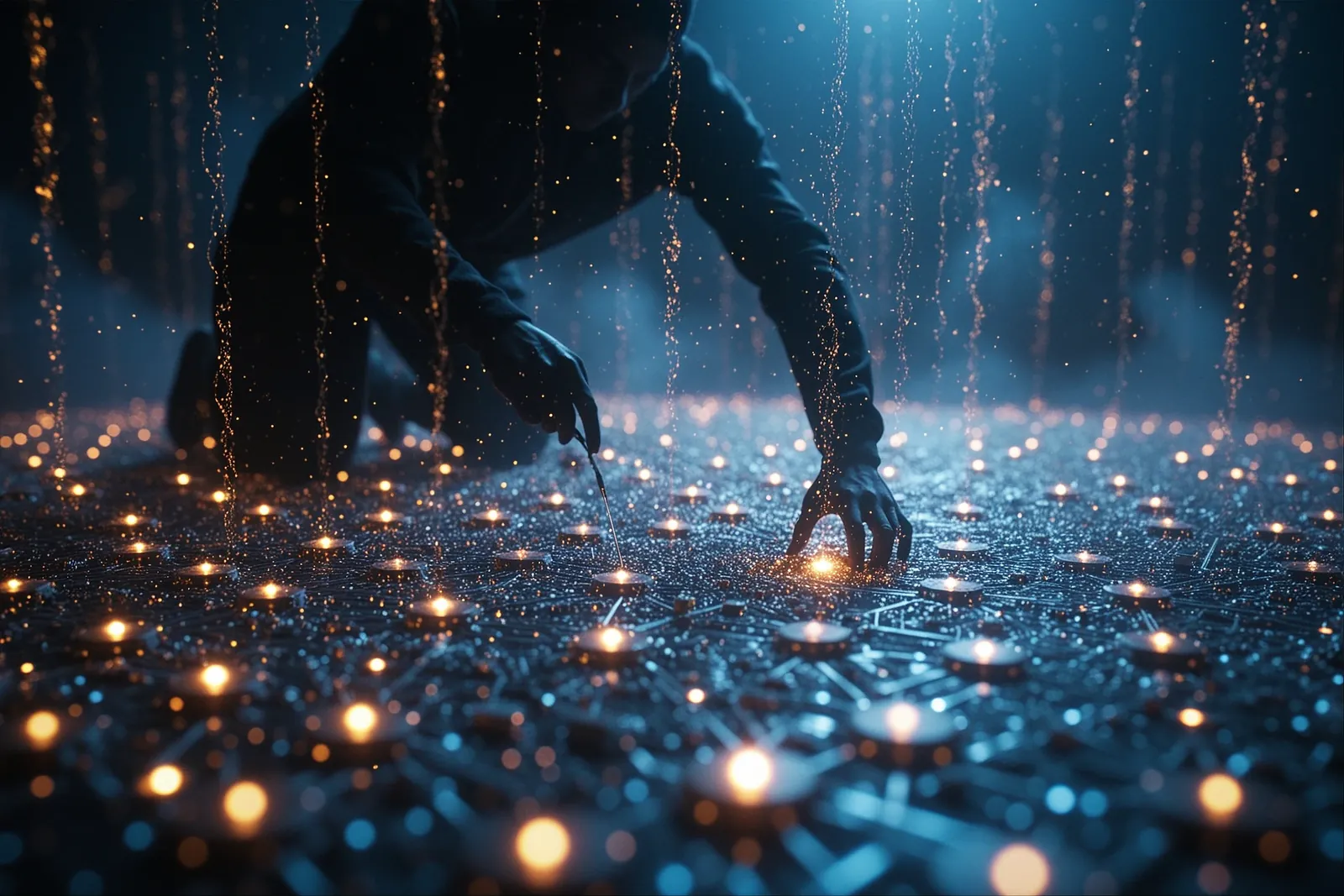 A quantum computer with glowing circuits and an AI interface overlay.