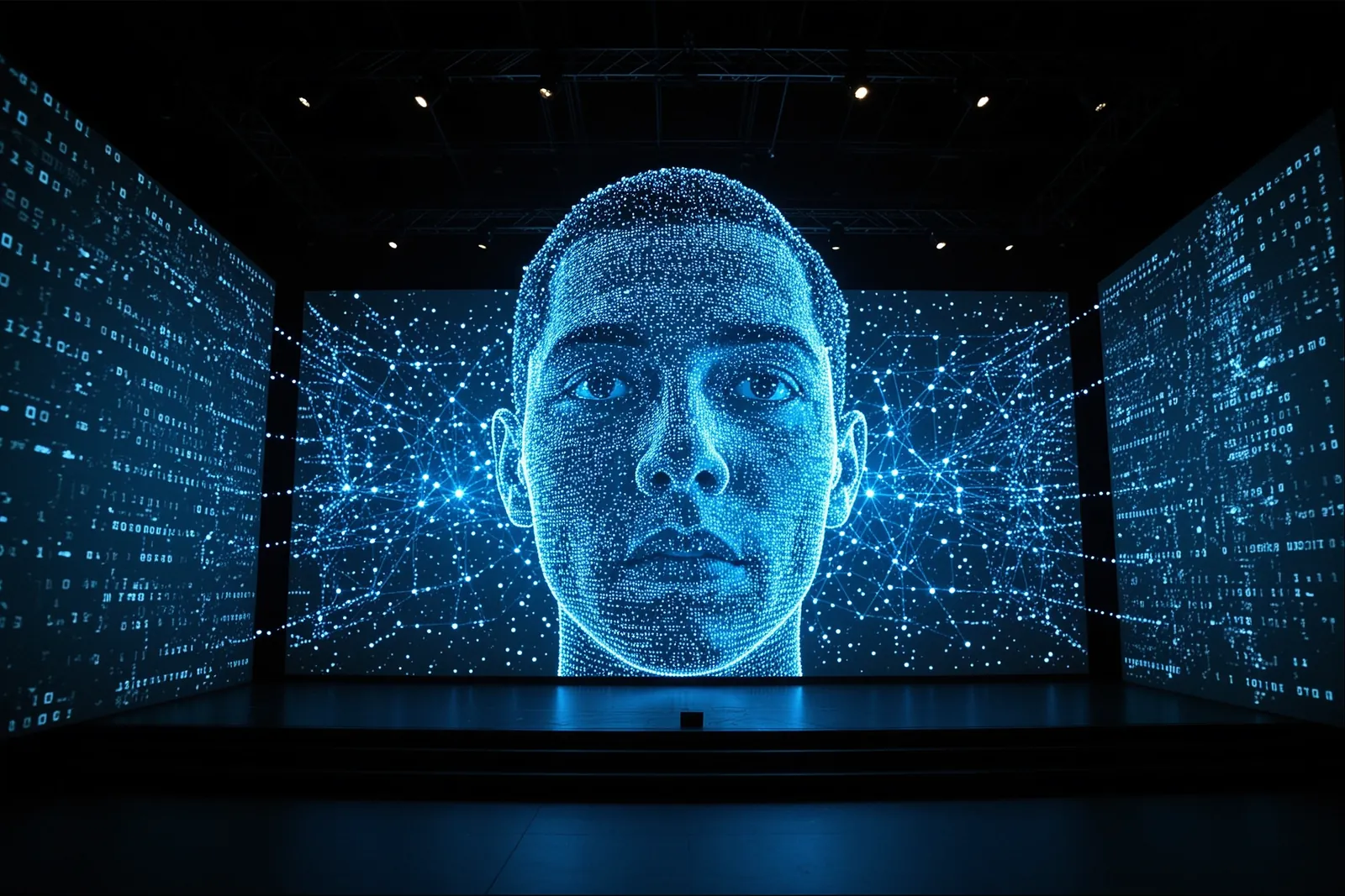 A person's face being scanned by an AI device to create a digital avatar.