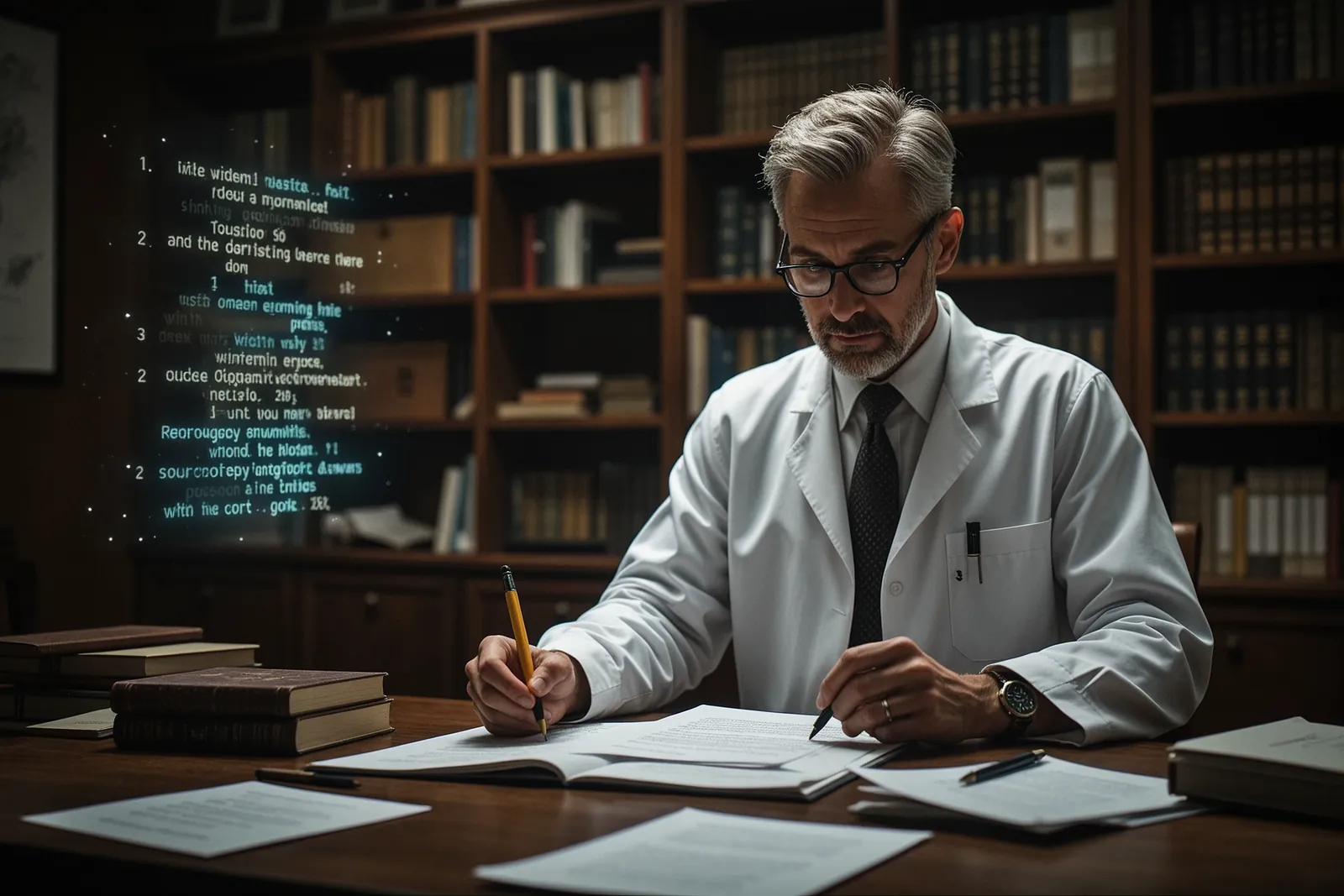 A professor grading papers with a magnifying glass, highlighting a hidden question.