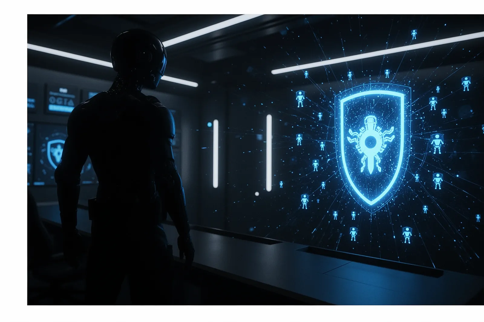 A digital illustration of a secure AI agent protected by a cybersecurity shield.