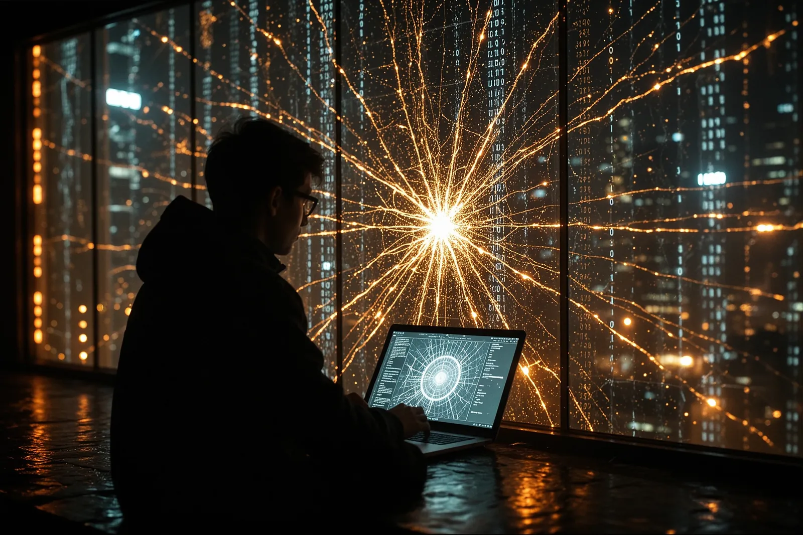 A digital illustration of a hacker figure with a glowing AI symbol.