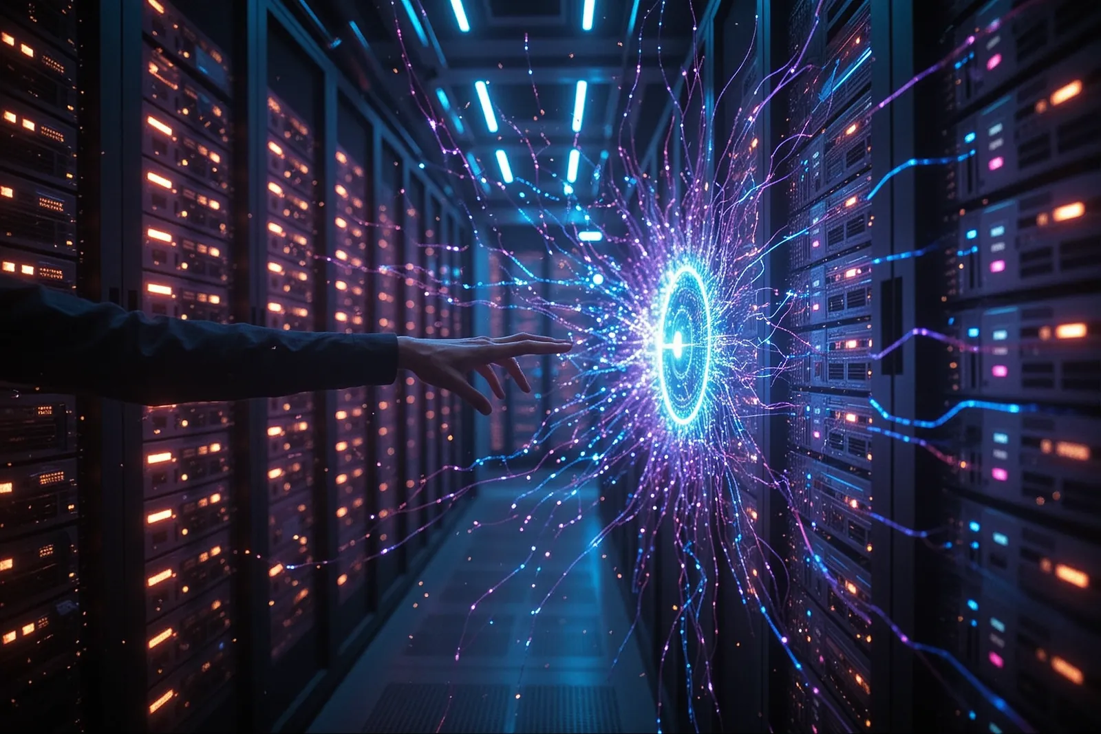 A data center with rows of servers and glowing blue lights.