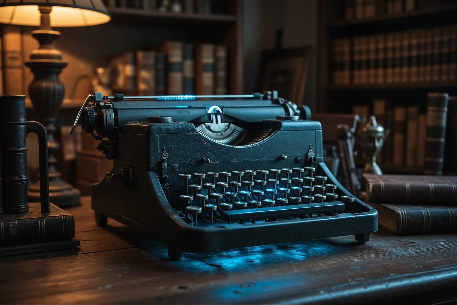 A vintage typewriter on a wooden desk with Victorian-era books.