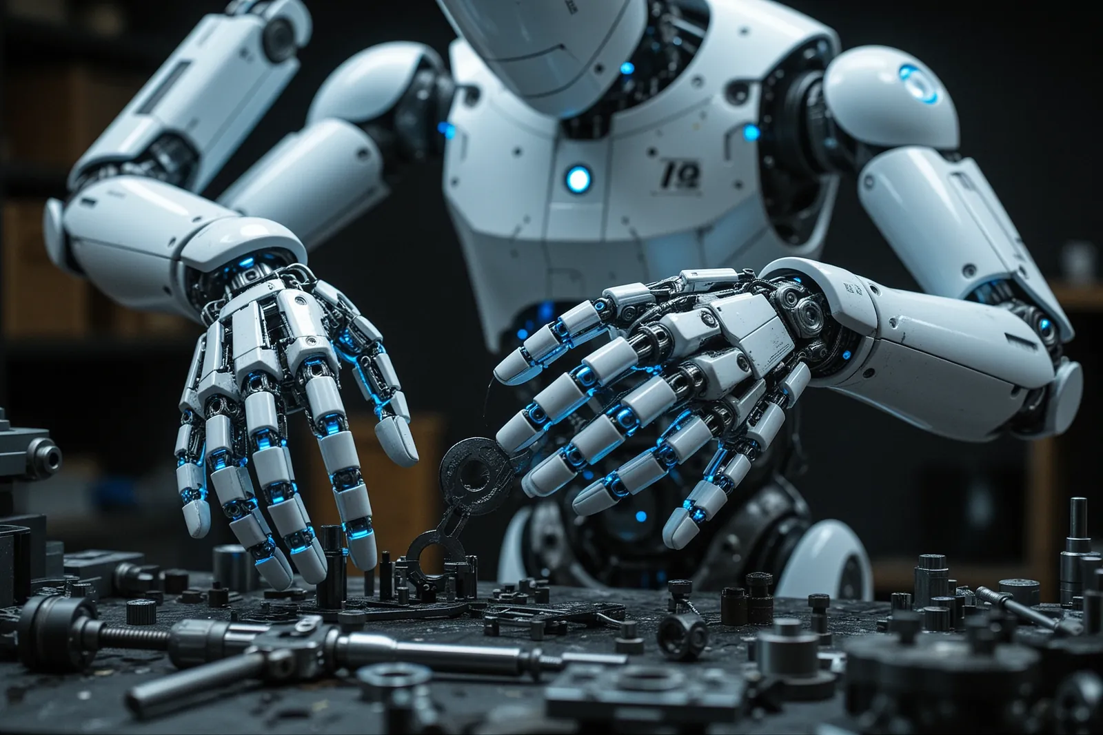A humanoid robot performing complex movements with its entire body.