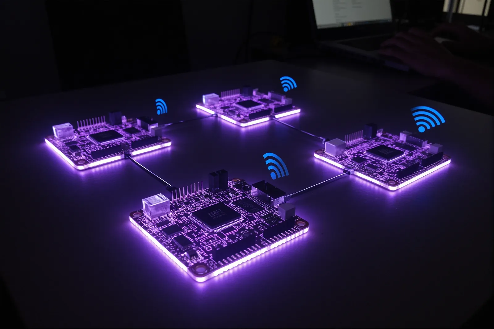 Three ESP32-S3 boards connected wirelessly for distributed AI processing.