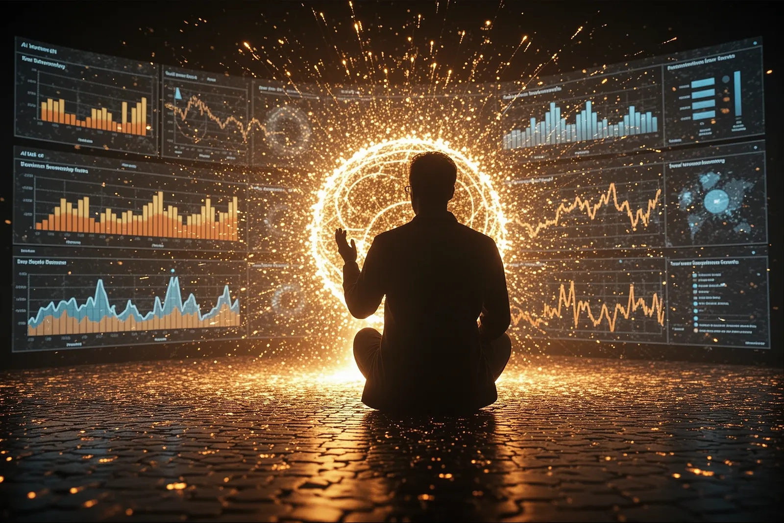 A researcher analyzing data on a computer screen with multiple AI benchmark graphs.