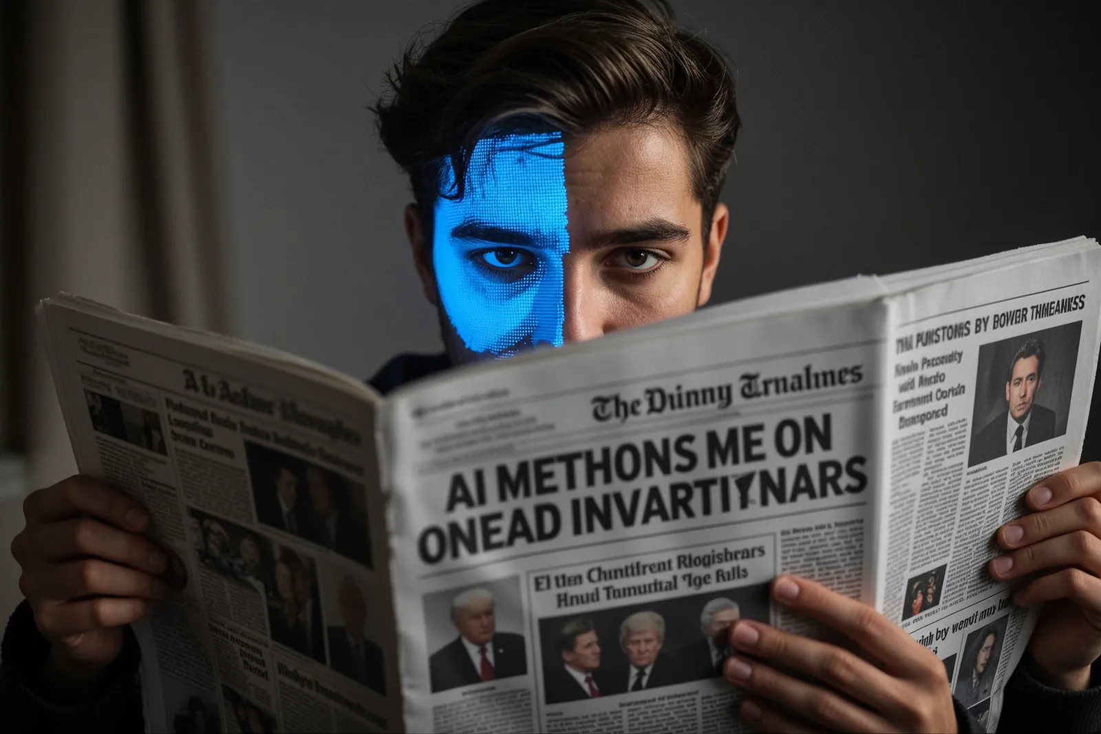 A person reading news headlines on a digital device, with AI icons overlaying the screen.