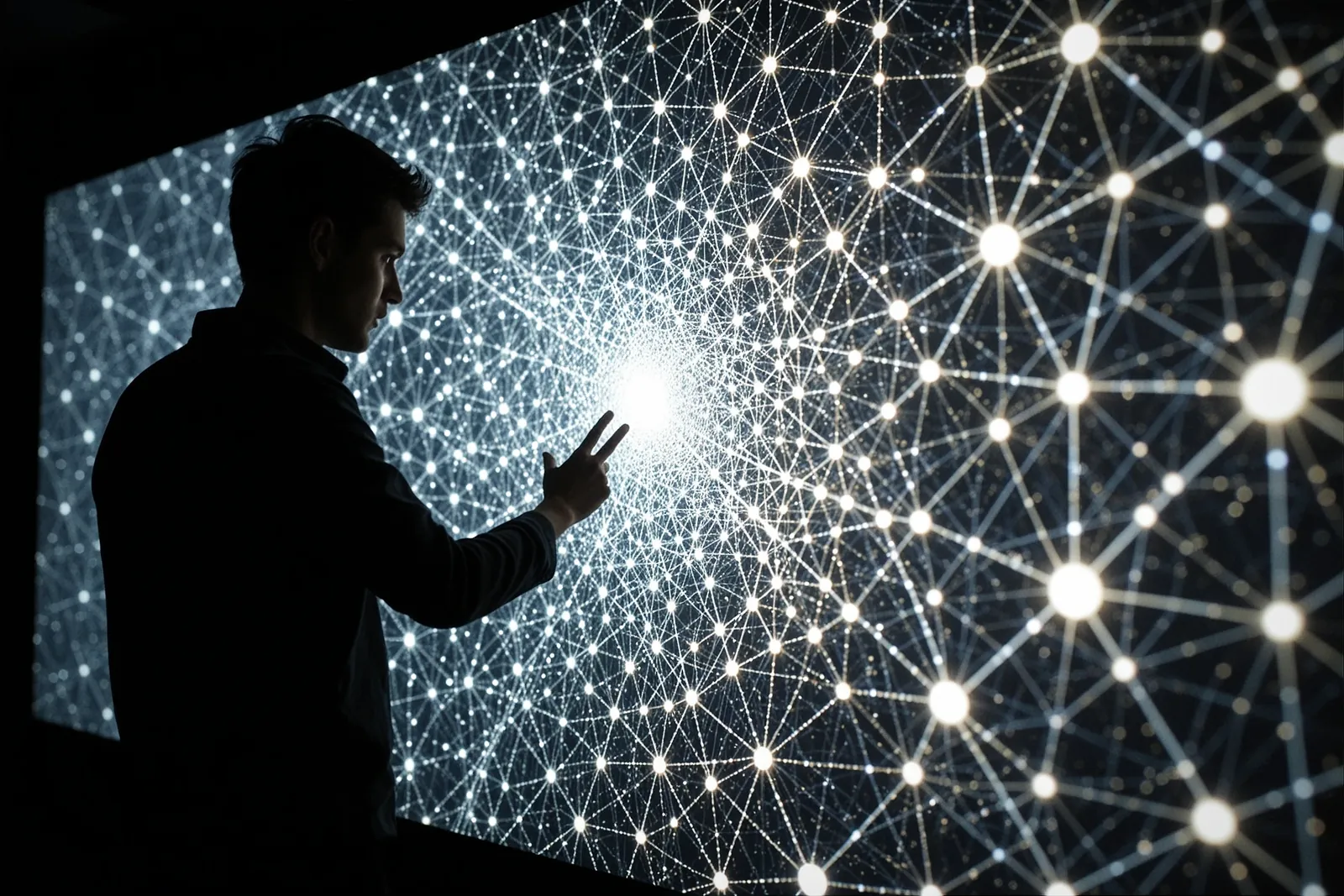 A person analyzing a complex AI-generated graph on a computer screen.