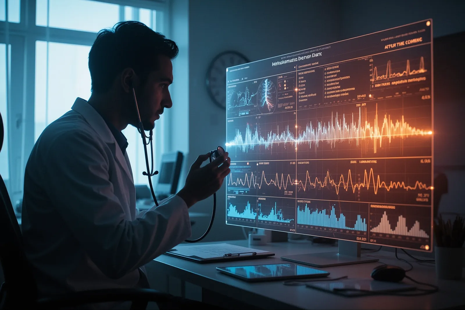 A doctor reviewing medical records with a concerned expression.
