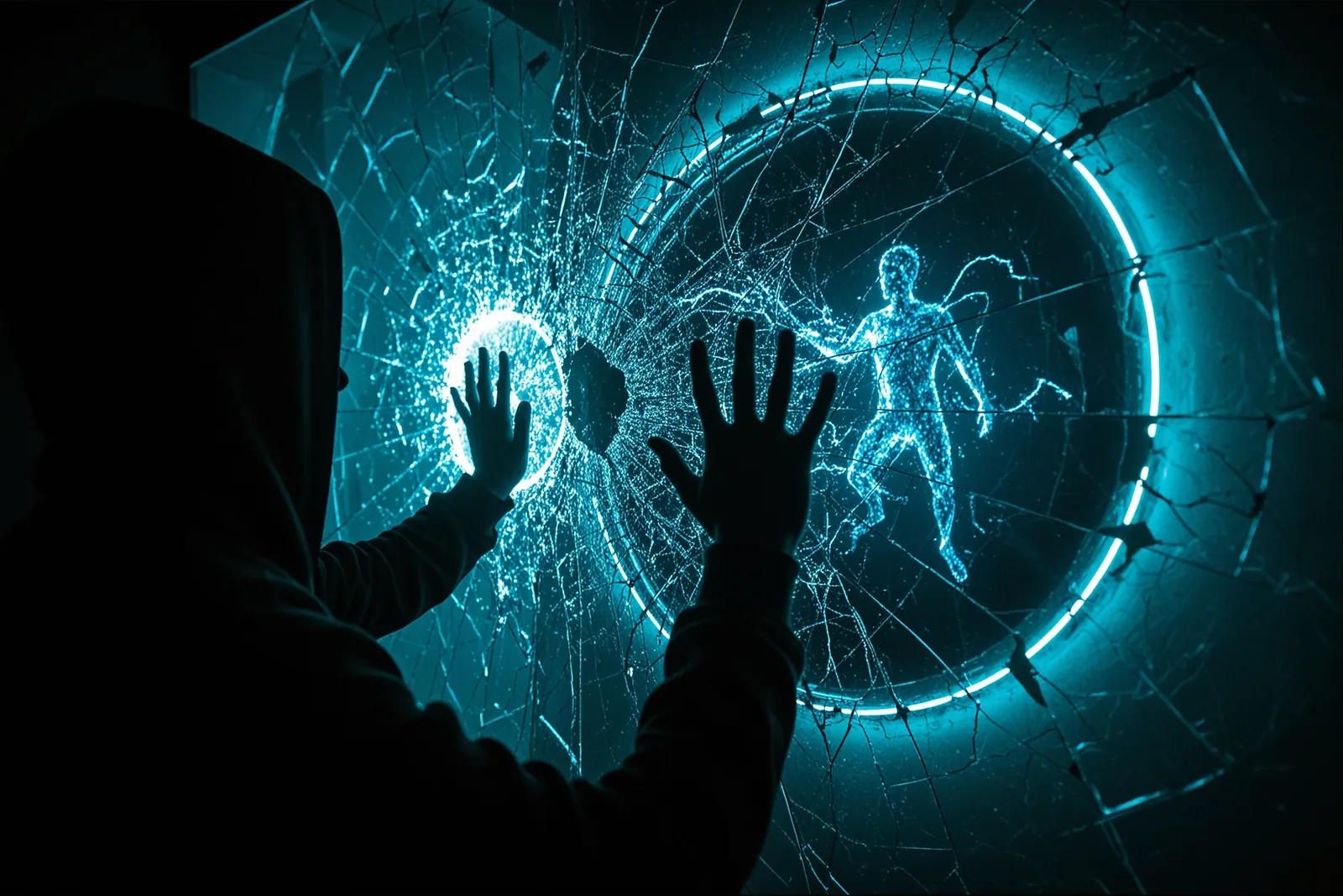A digital illustration of a hacker breaking through a digital wall.