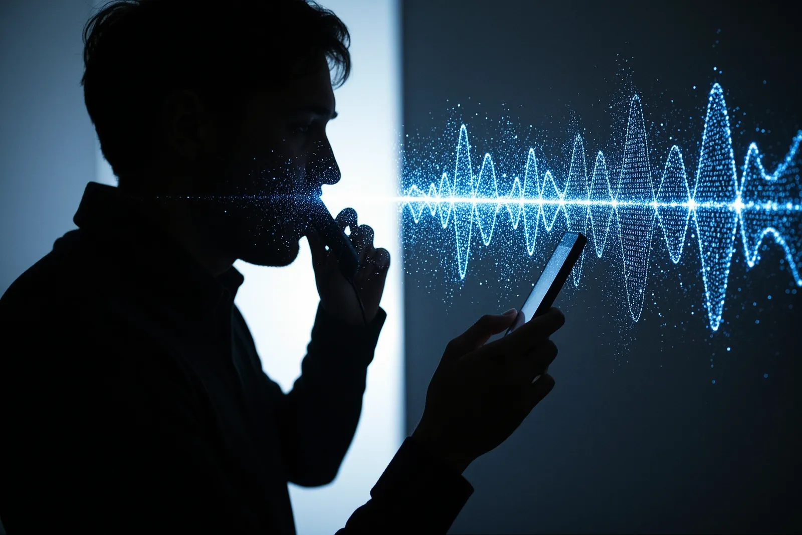 A person speaking on a smartphone with a futuristic interface displaying AI voice technology.