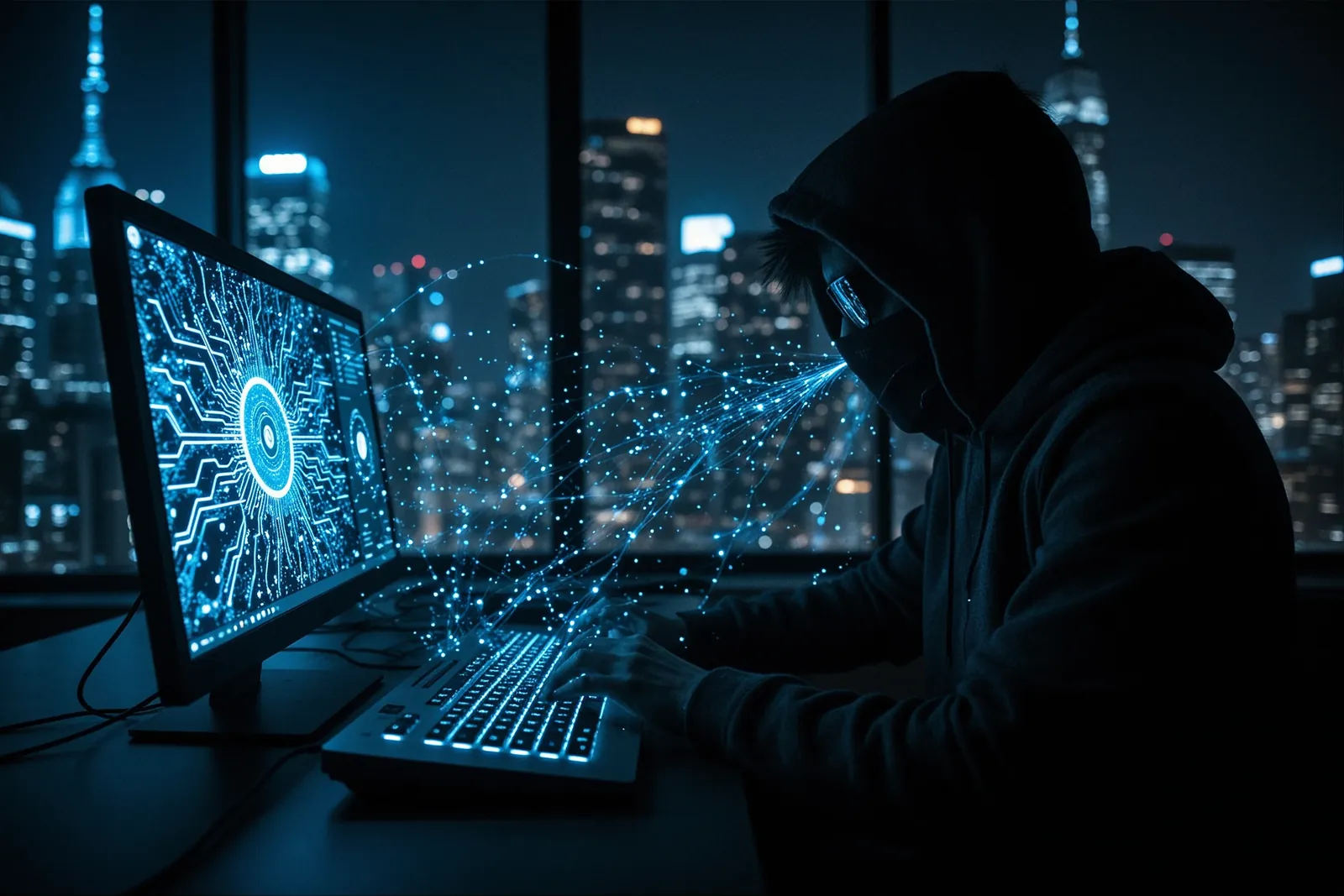 A digital illustration of a hacker figure with binary code and a lock symbol.