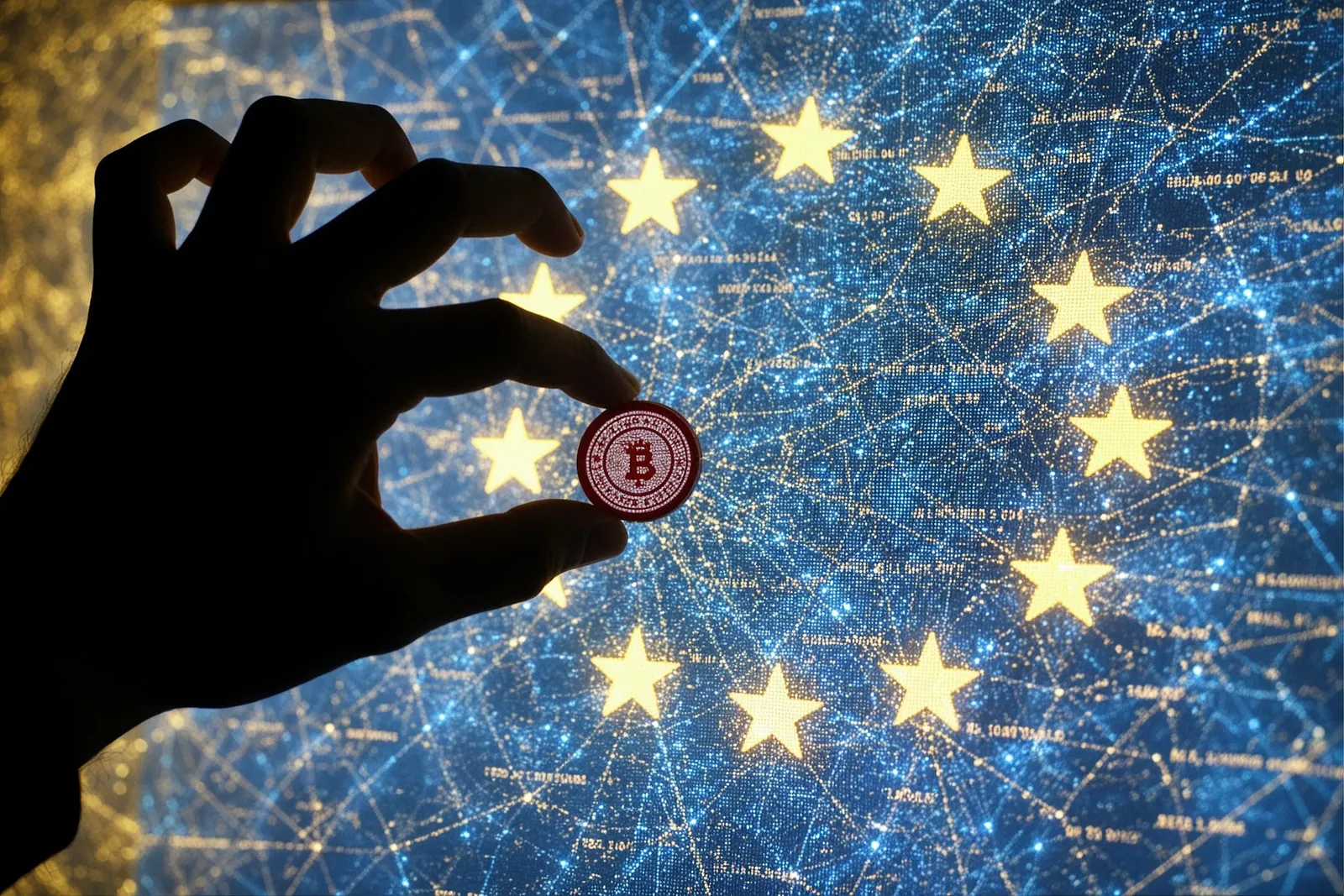 A digital illustration of the European Union flag with AI-related symbols.