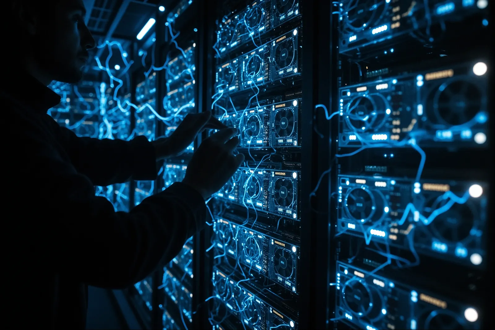 A data center with multiple GPUs running AI models.