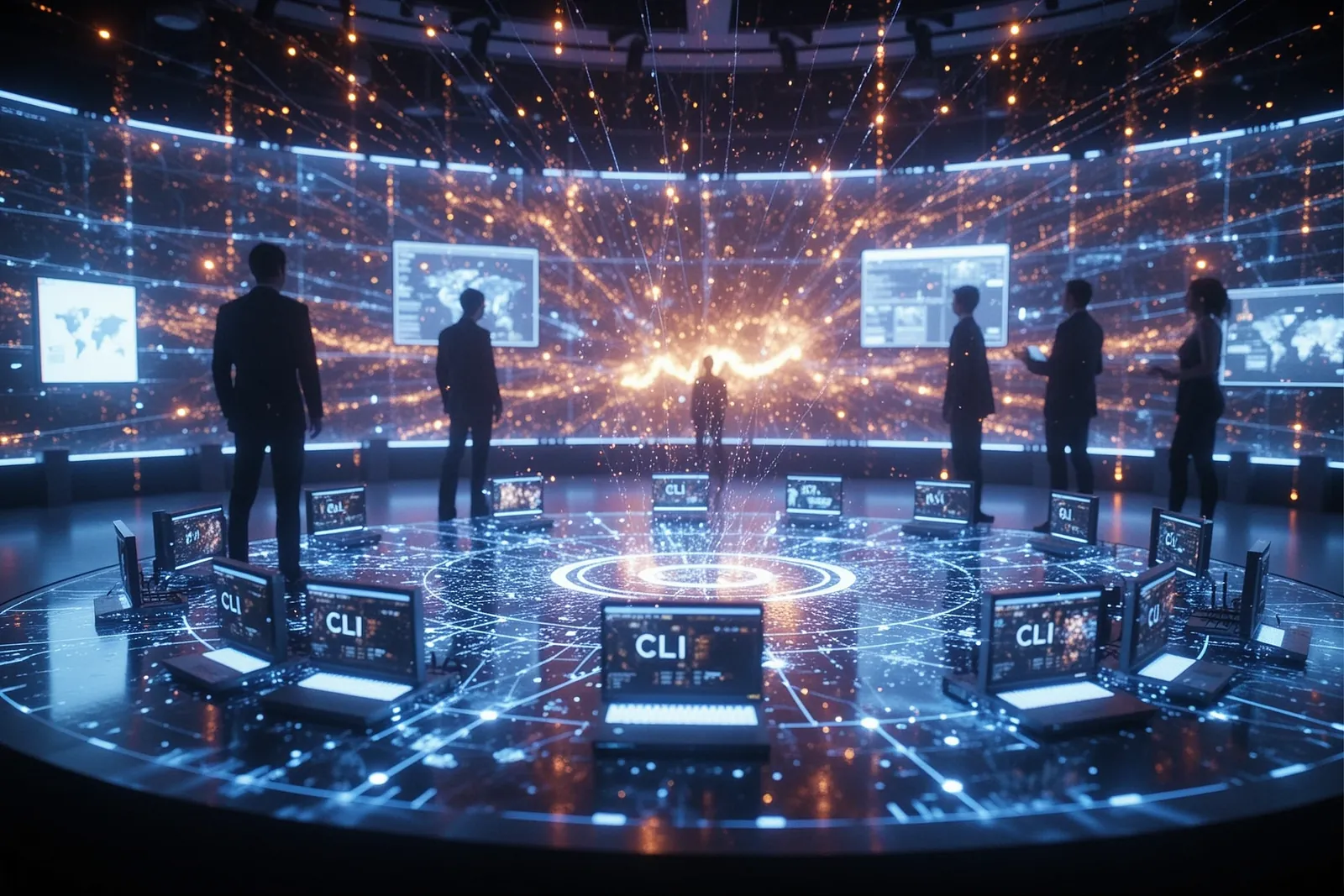 A group of AI agents collaborating around a virtual round table.