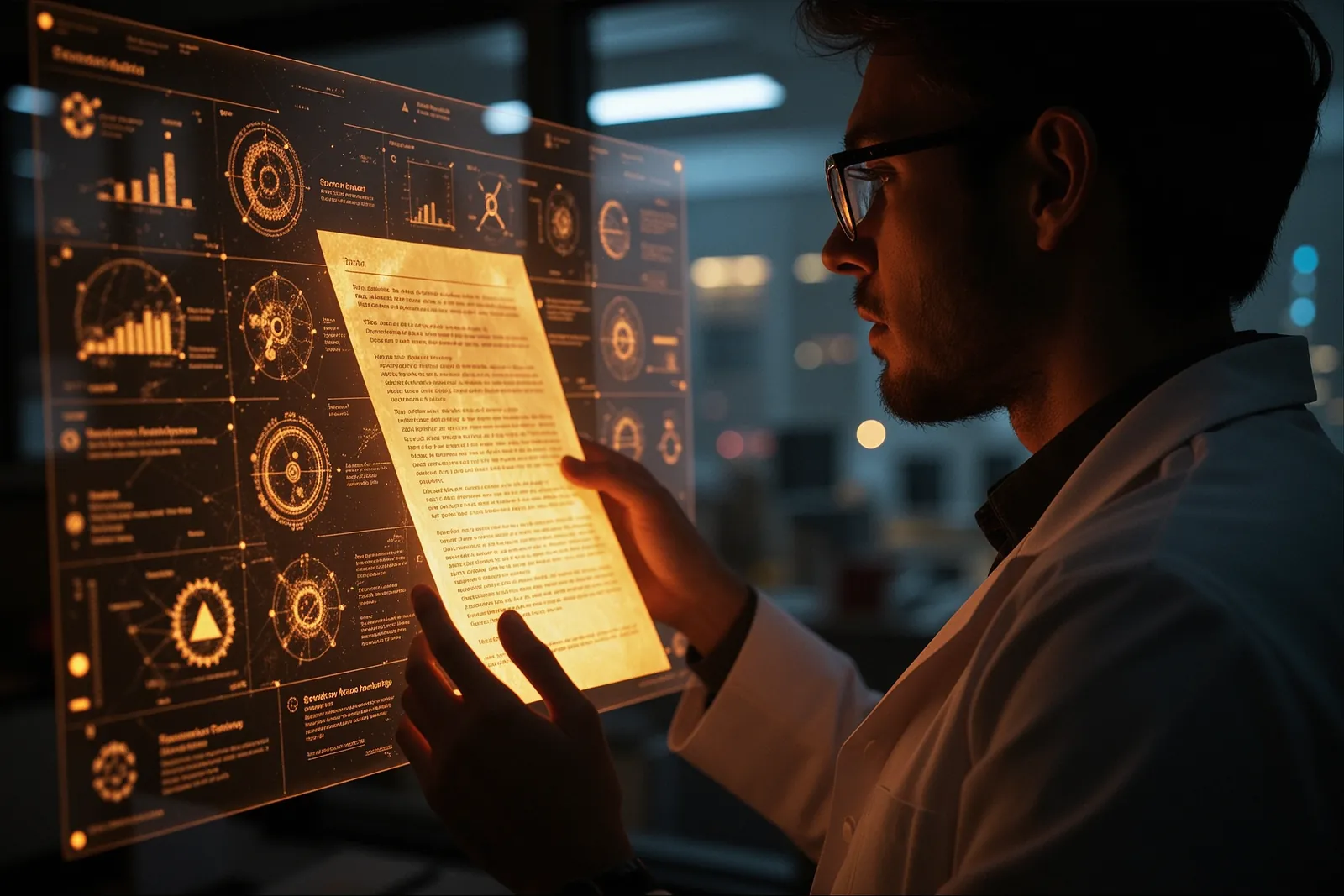 A scientist reviewing a computer screen displaying AI-generated research papers.