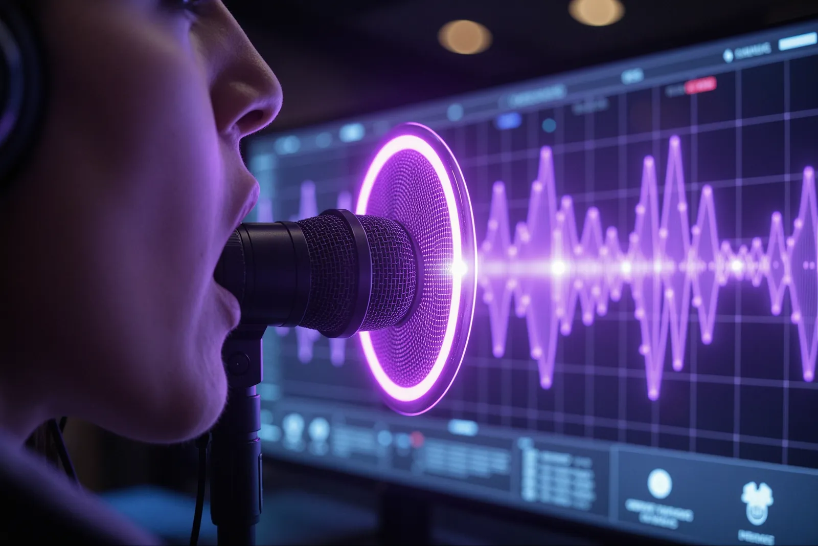 A person talking to a voice assistant with real-time response bubbles appearing on the screen.