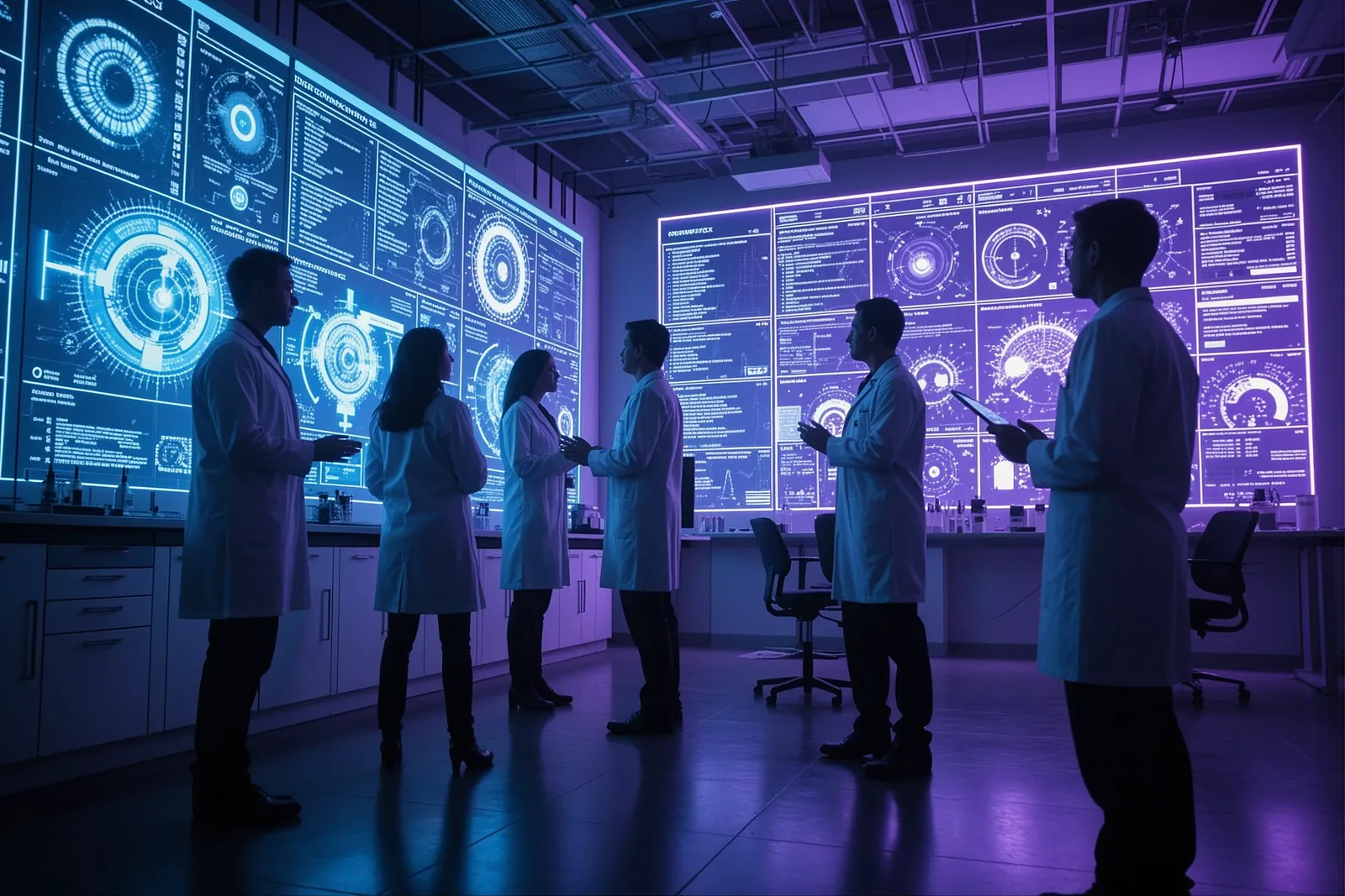 Jeff Dean and a team of researchers in a modern office setting, discussing a project.