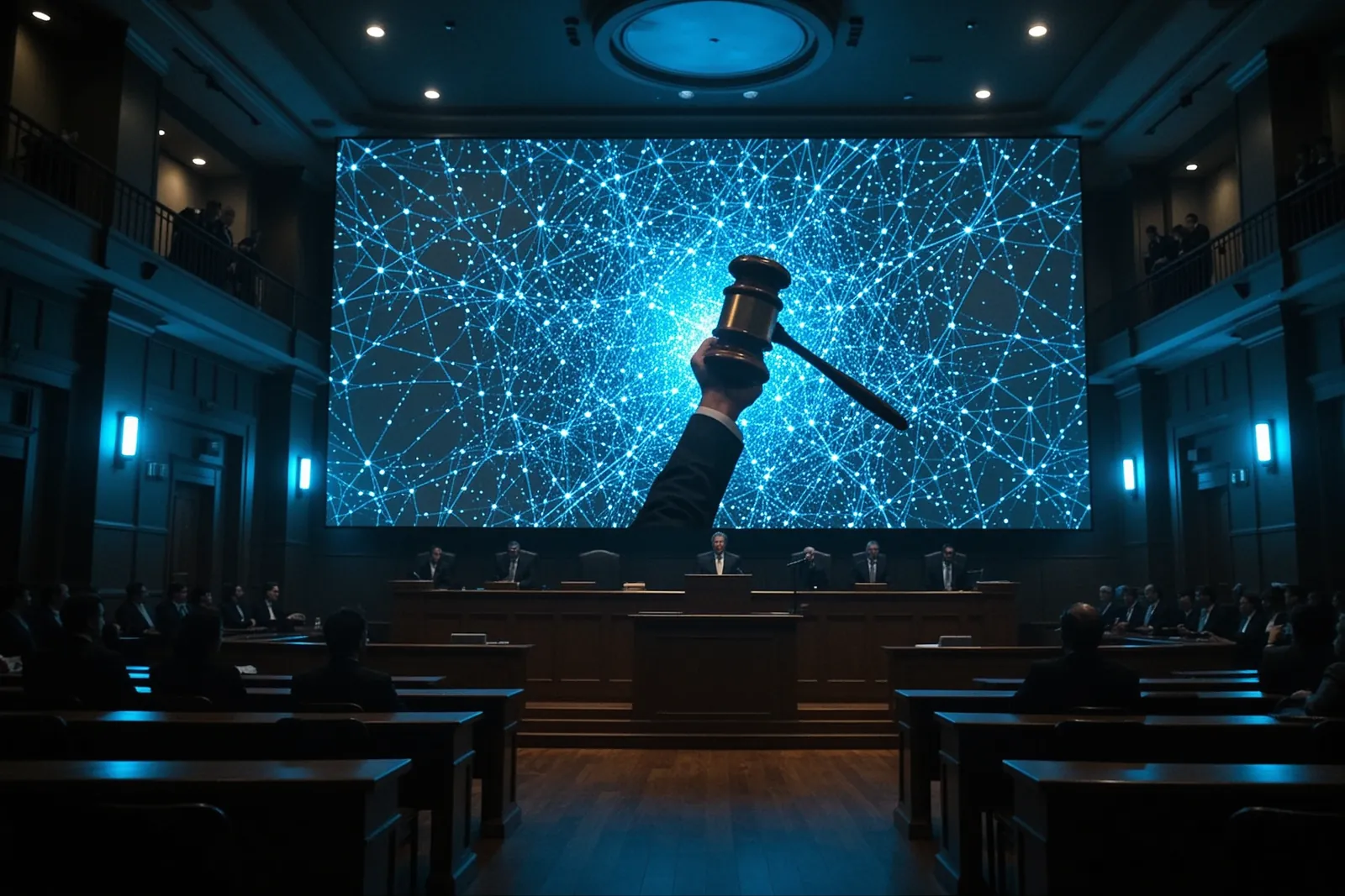 A courtroom with legal documents and a gavel.