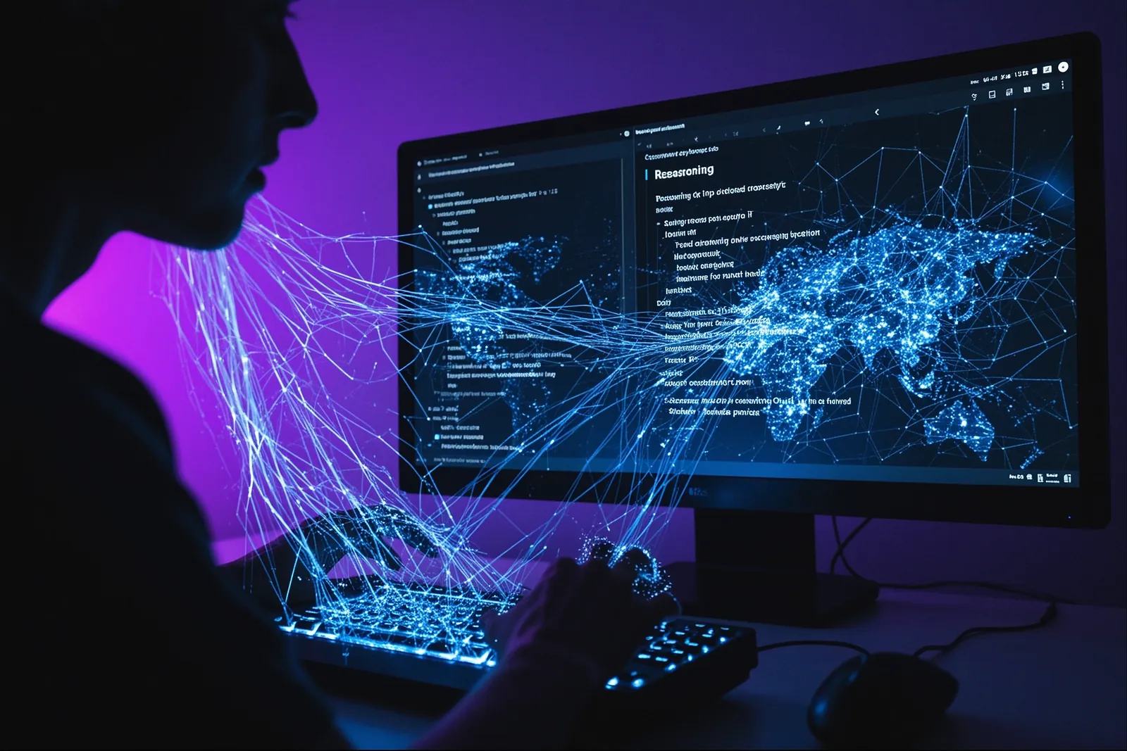 A person typing on a laptop with AI chatbot interface on the screen.