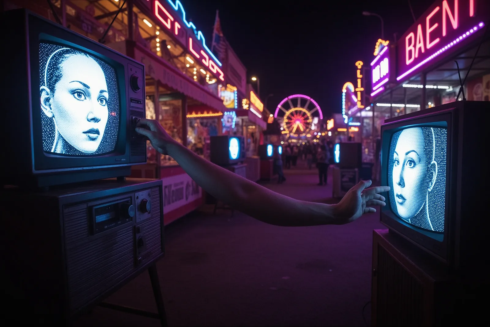 A Roku remote control next to a television screen displaying the Fairground channel.