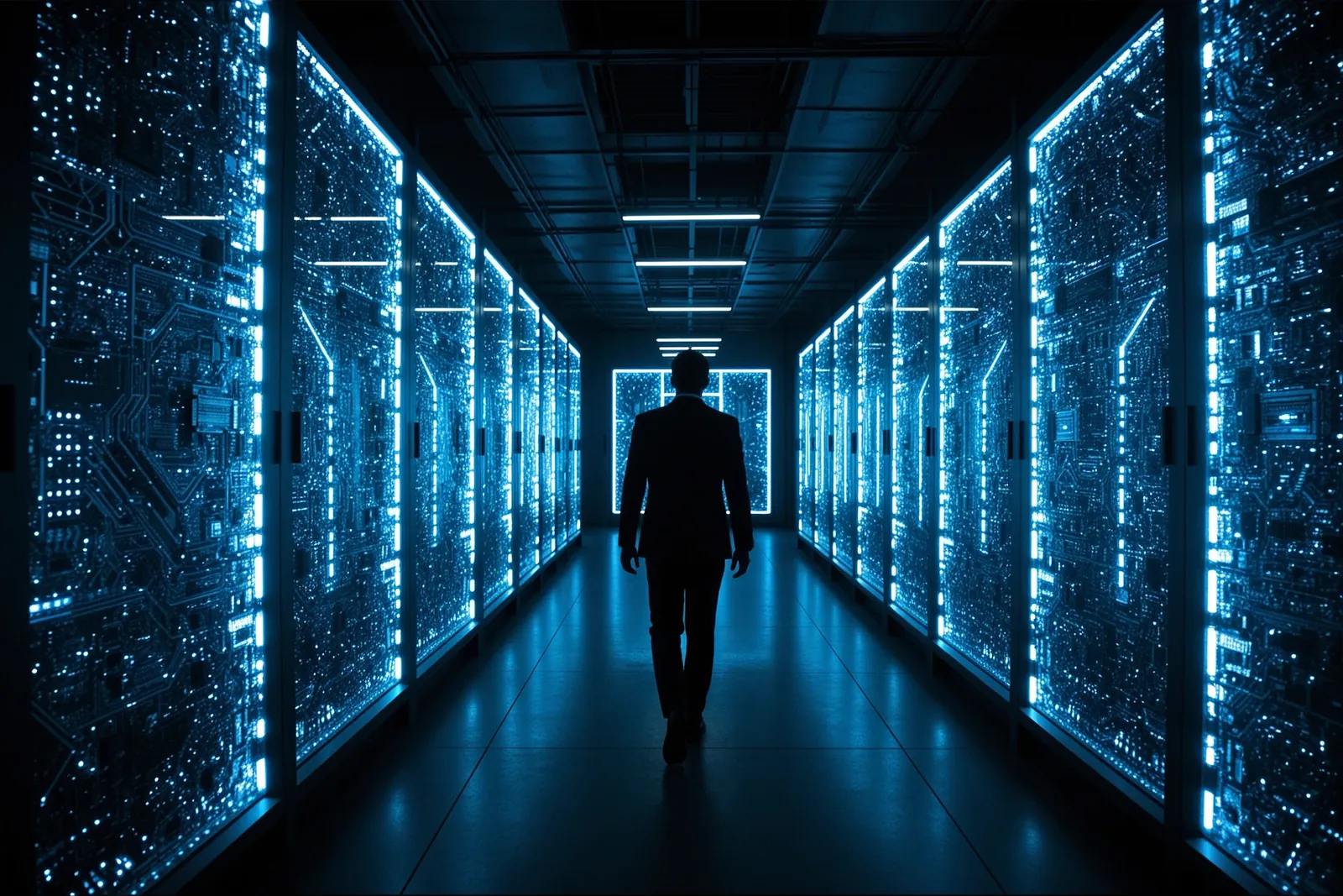 A group of people in a modern office setting, discussing AI technologies.