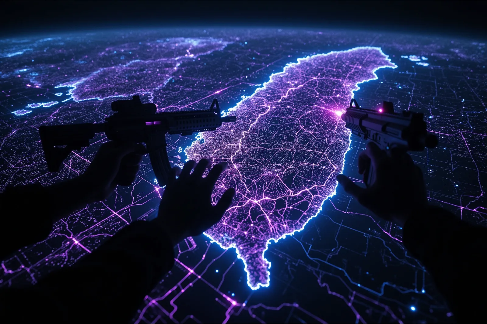 A digital representation of a cyberattack on a network infrastructure.