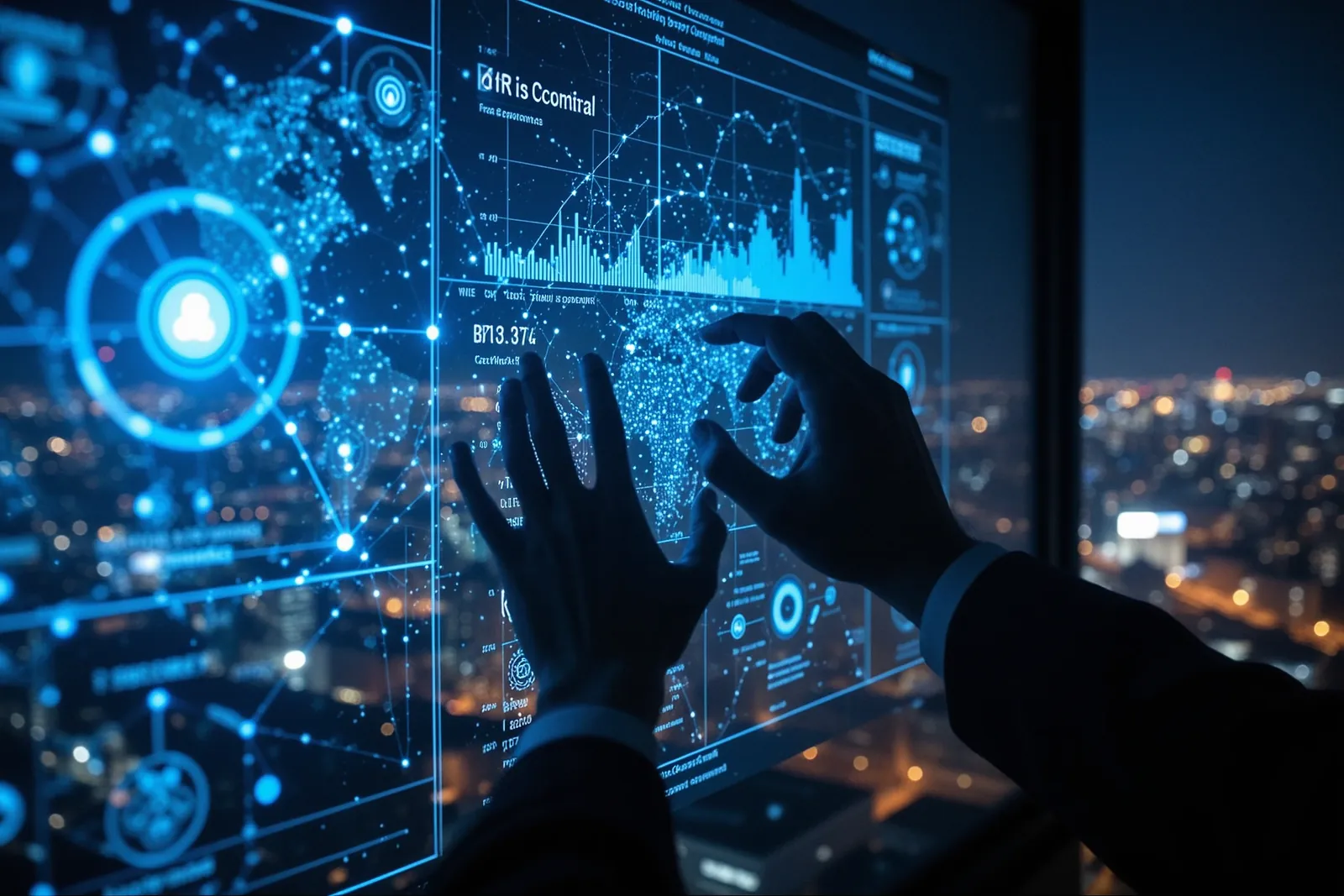 A digital illustration of a secure network with AI-driven threat detection.