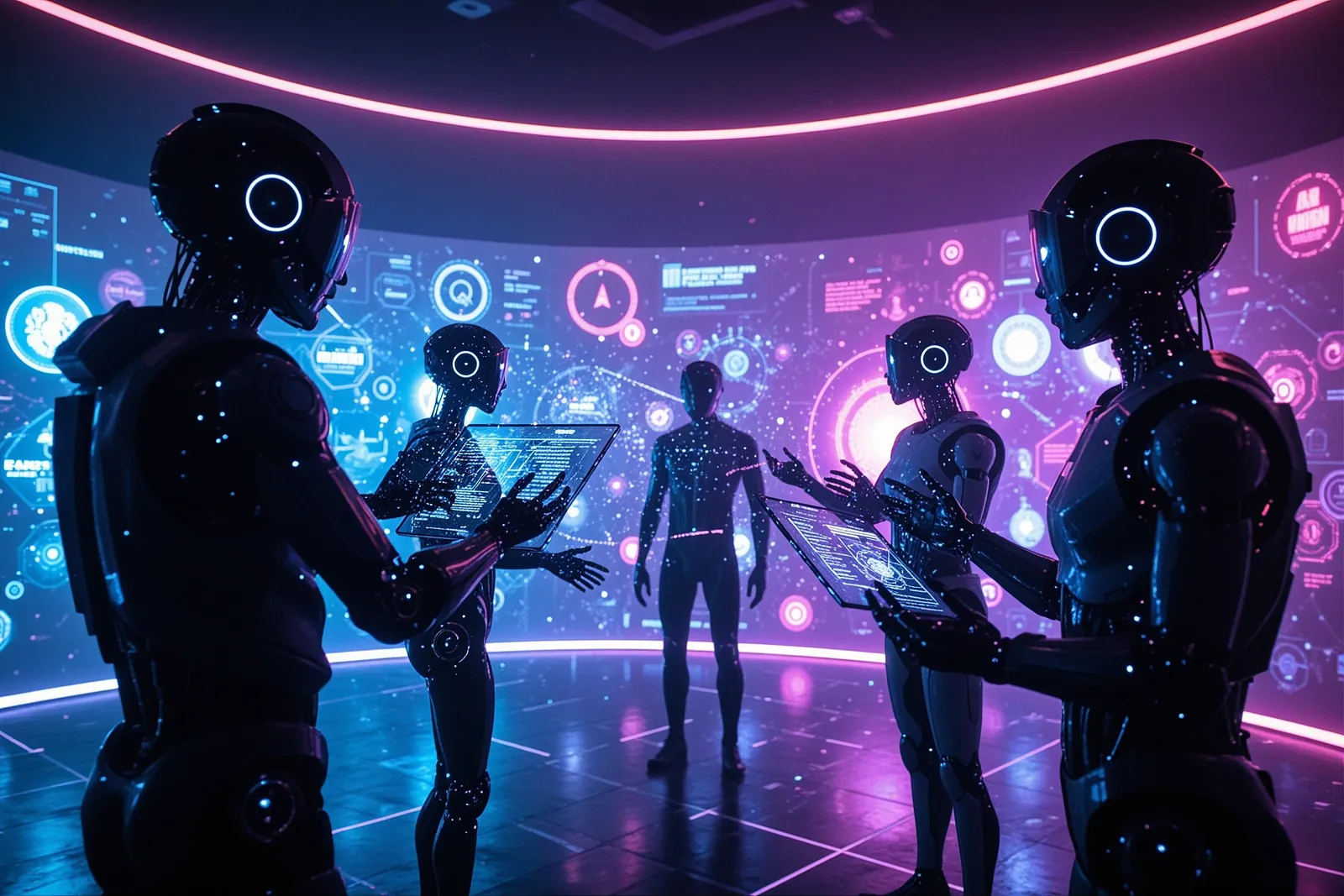 A group of AI agents represented as digital avatars in a virtual environment.