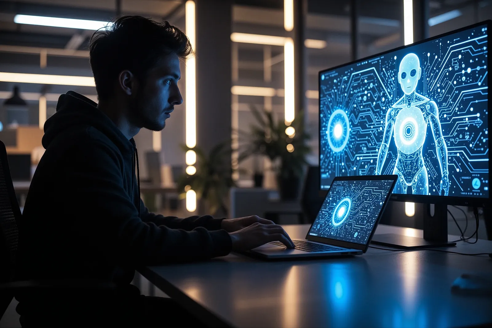A developer working on a laptop with AI code on the screen.