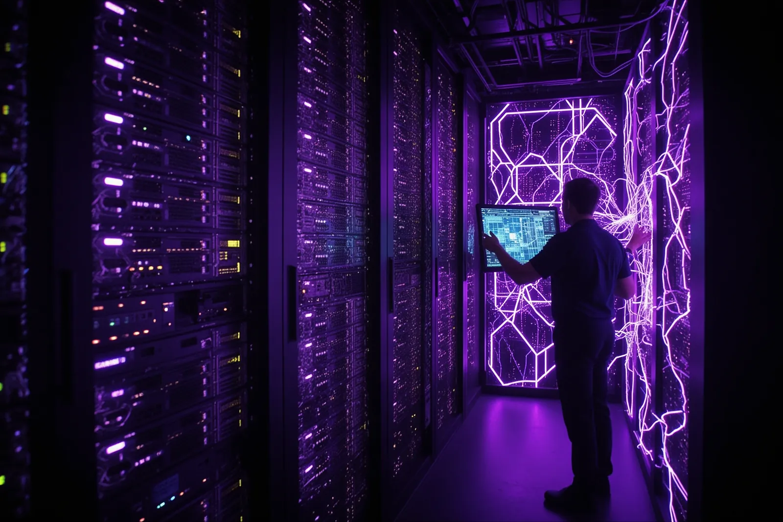 A data center with rows of servers and blinking lights, symbolizing AI compute infrastructure.