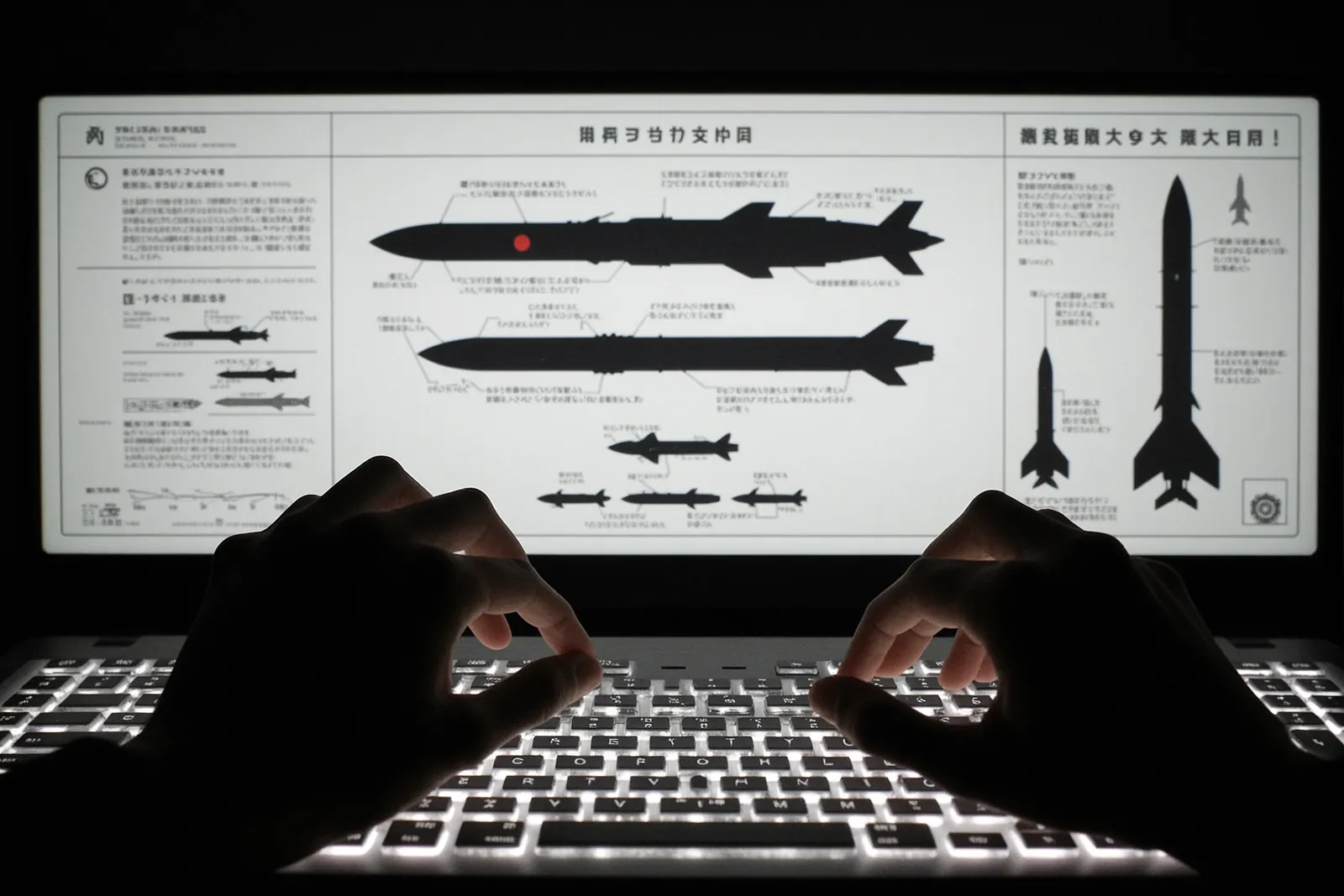 A computer screen displaying a nuclear strike scenario in Japanese and English.