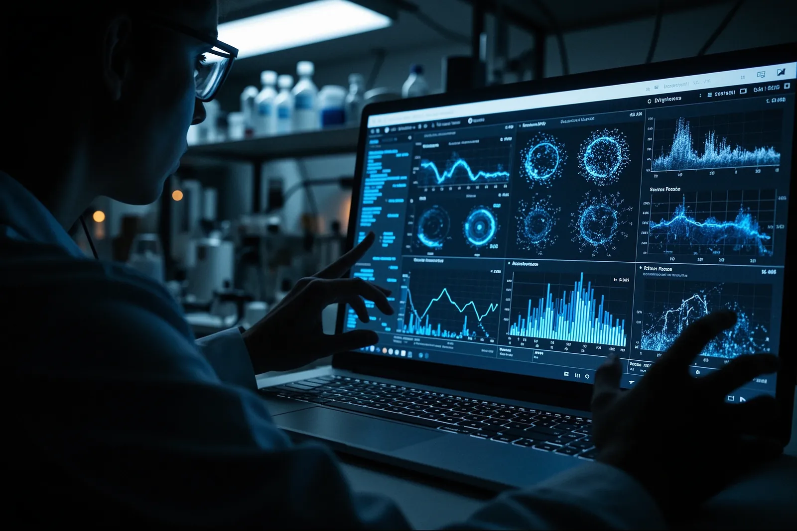 A researcher analyzing data on a computer screen with an AI model in the background.