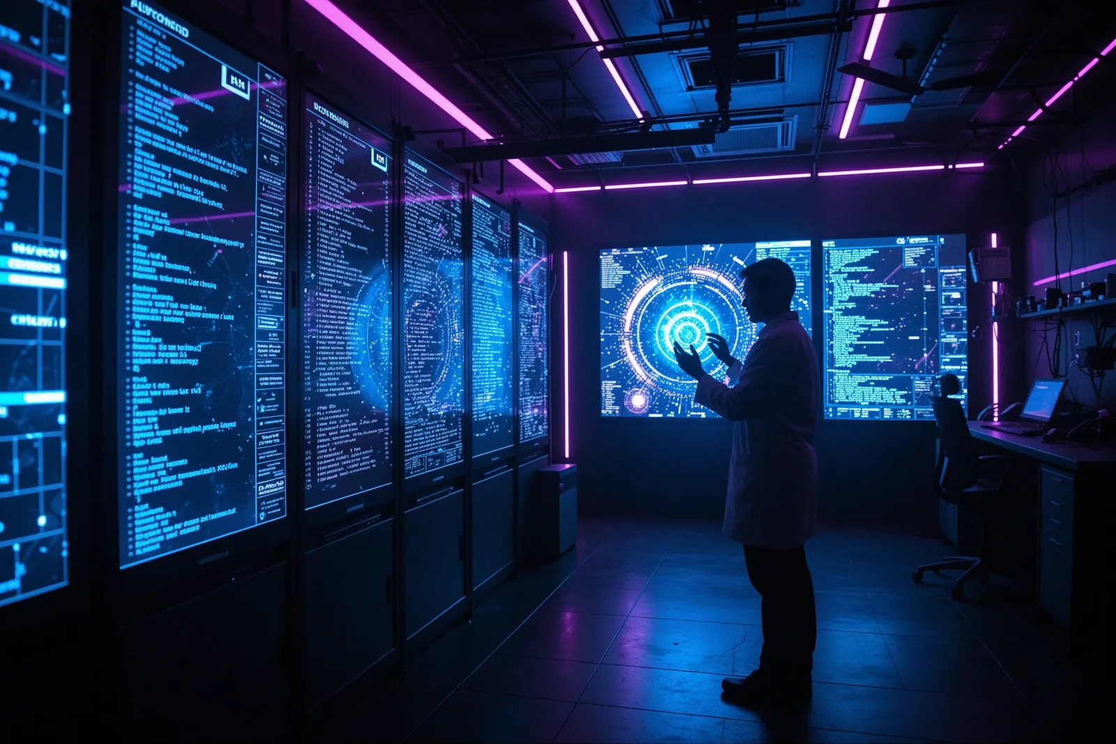 A researcher working on a computer with multiple AI research papers open.