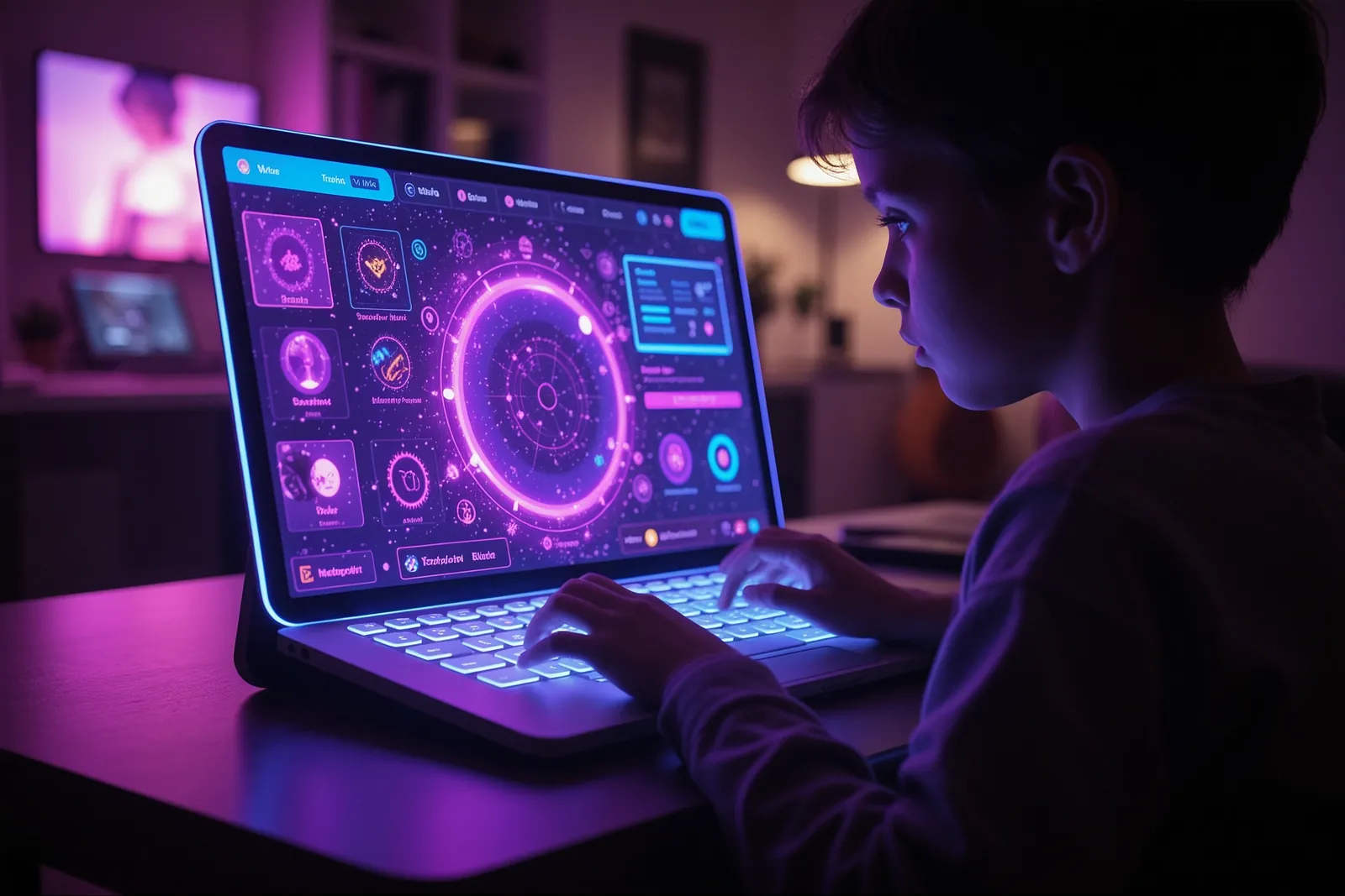 A teenager using a laptop with a ChatGPT interface on the screen.