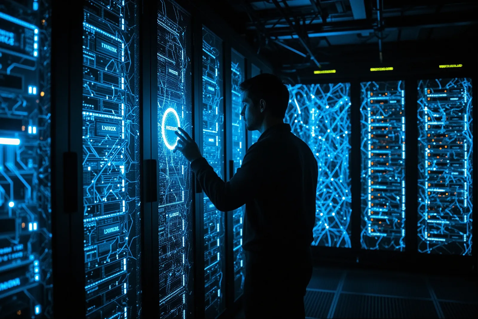 A data center interior with rows of servers and glowing lights.