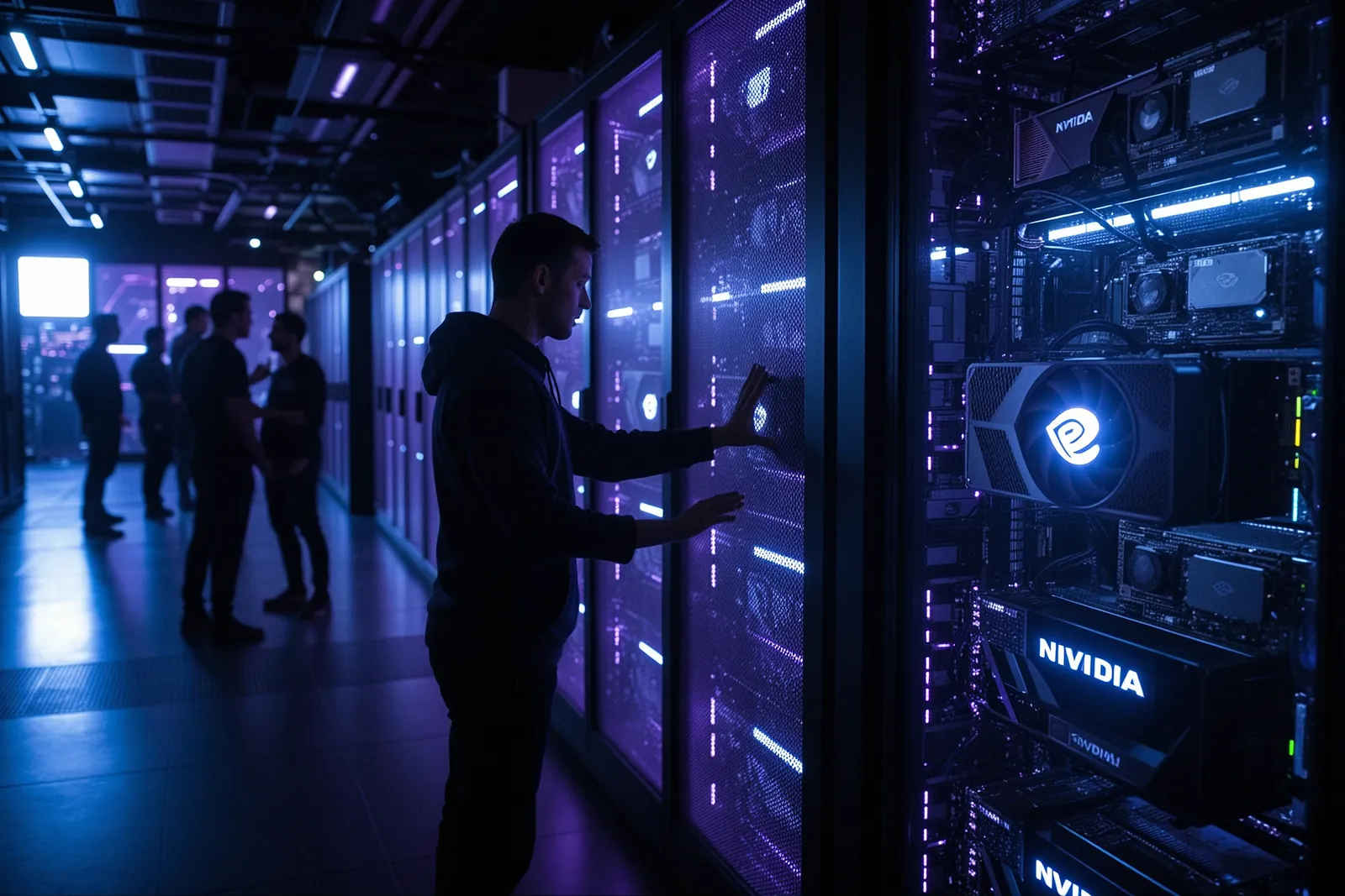 A data center filled with rows of Nvidia GPUs and servers.