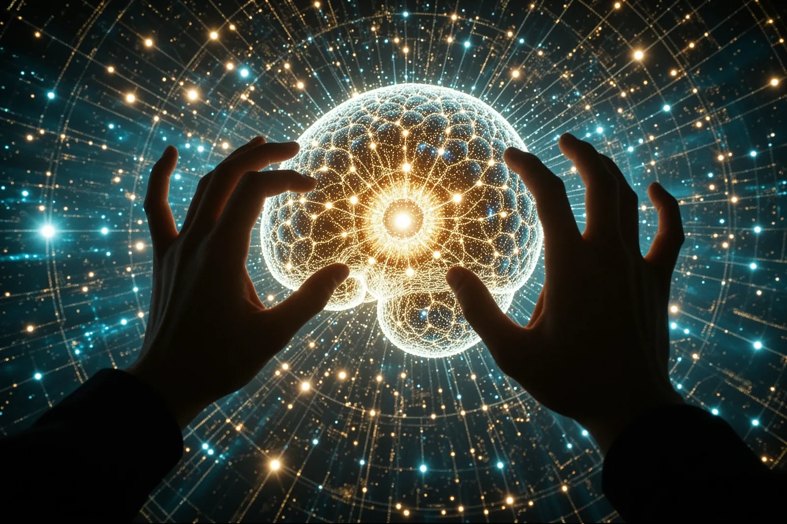 A digital illustration of a shield protecting a network of interconnected nodes.