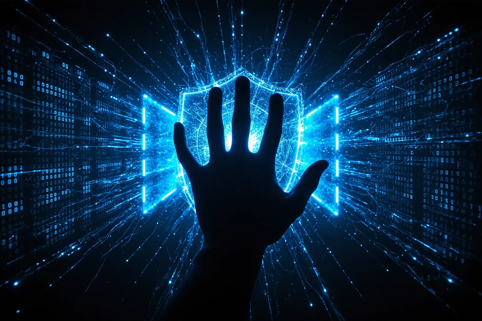 A digital illustration of a locked padlock with a glowing AI circuit board inside.