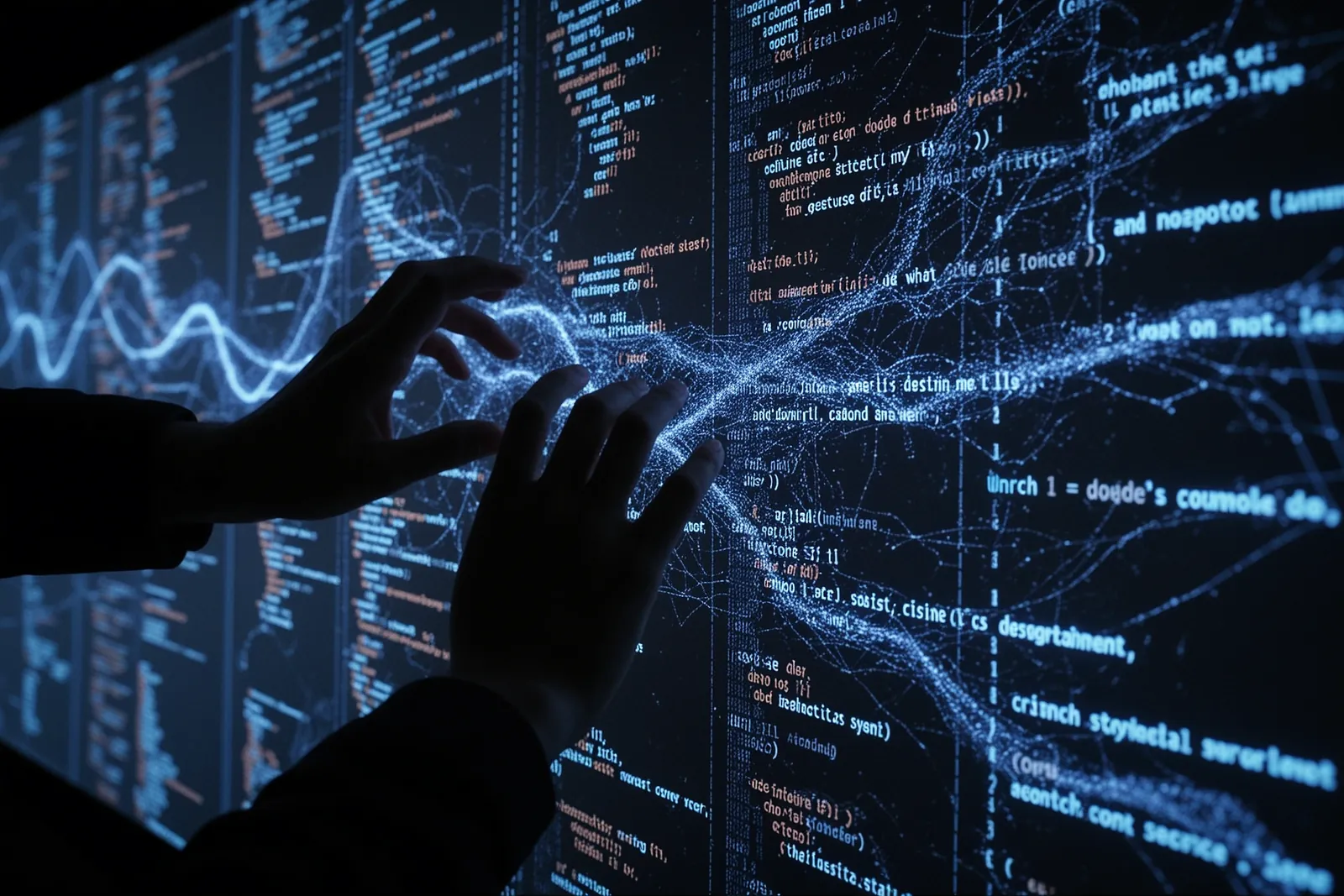 A developer working on a computer with lines of code visible on the screen.