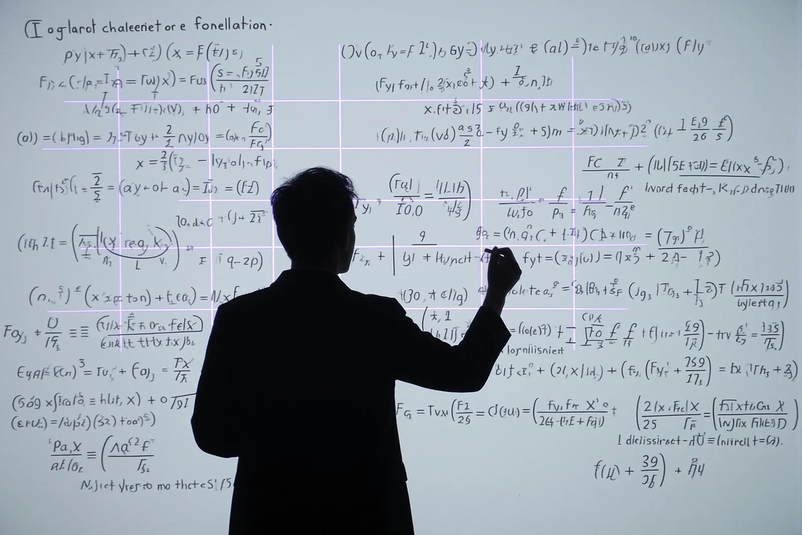A mathematician working on complex equations with an AI interface in the background.