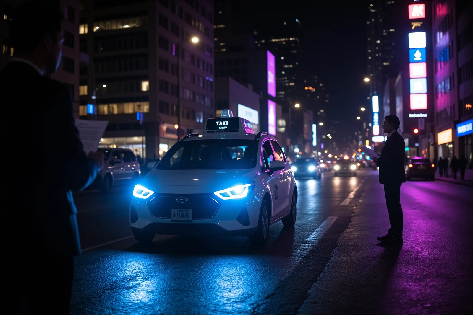 A Waymo self-driving car on a city street, with regulatory documents in the foreground.