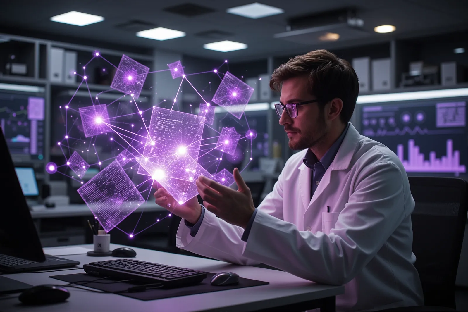 A scientist working at a lab bench with a digital interface displaying scientific data.