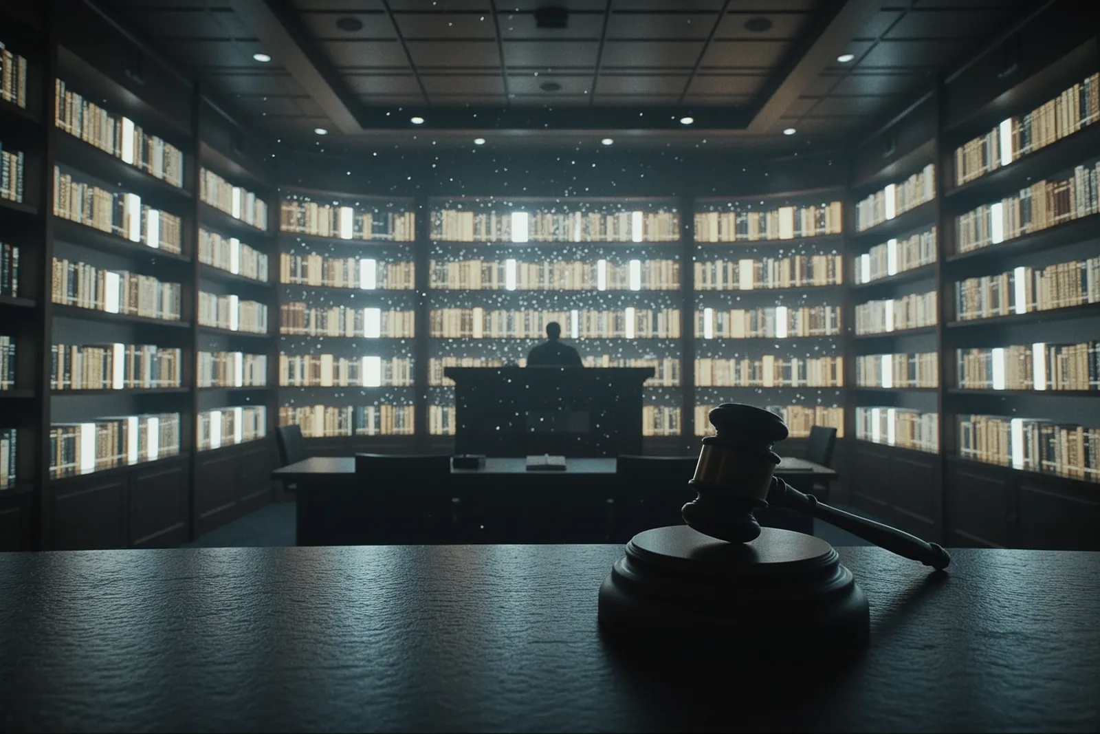 A gavel and a book on a table, symbolizing the intersection of law and literature.