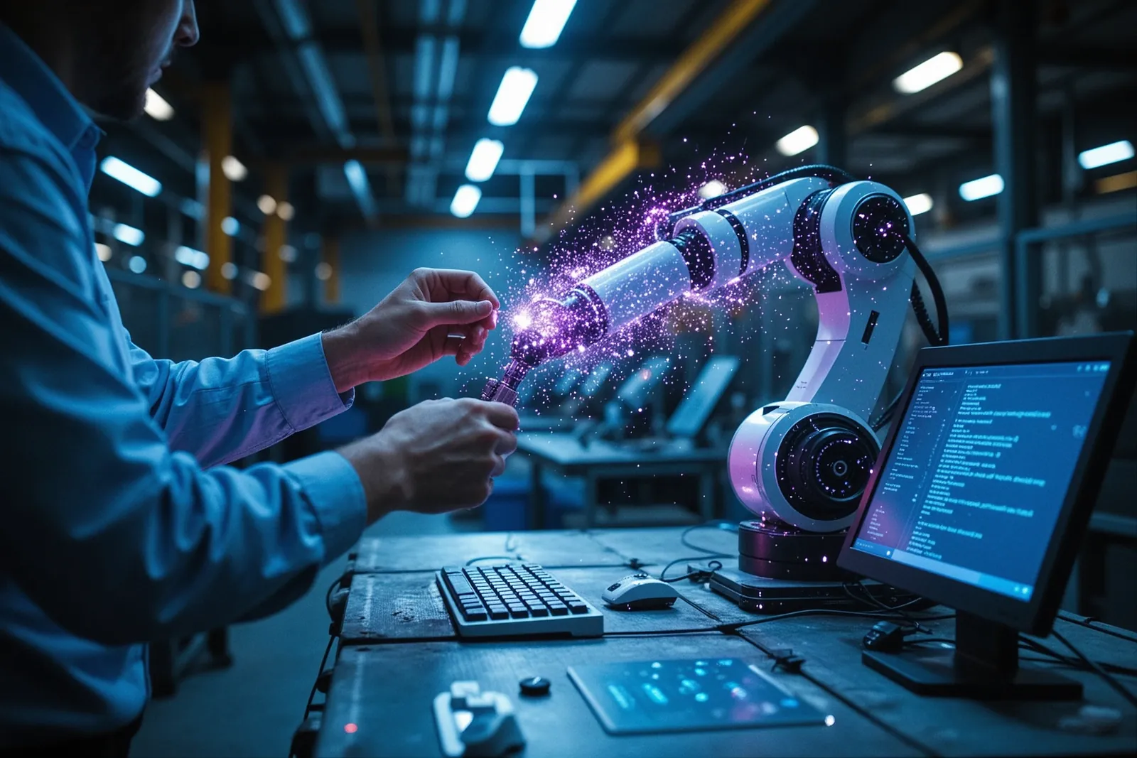 A robotic arm programming interface with code and natural language instructions.