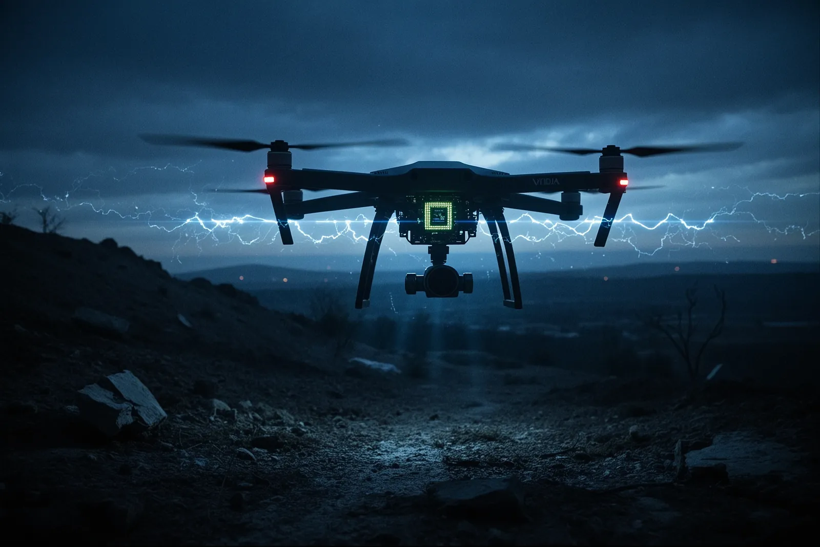 A drone equipped with advanced AI technology flying over a war-torn landscape.