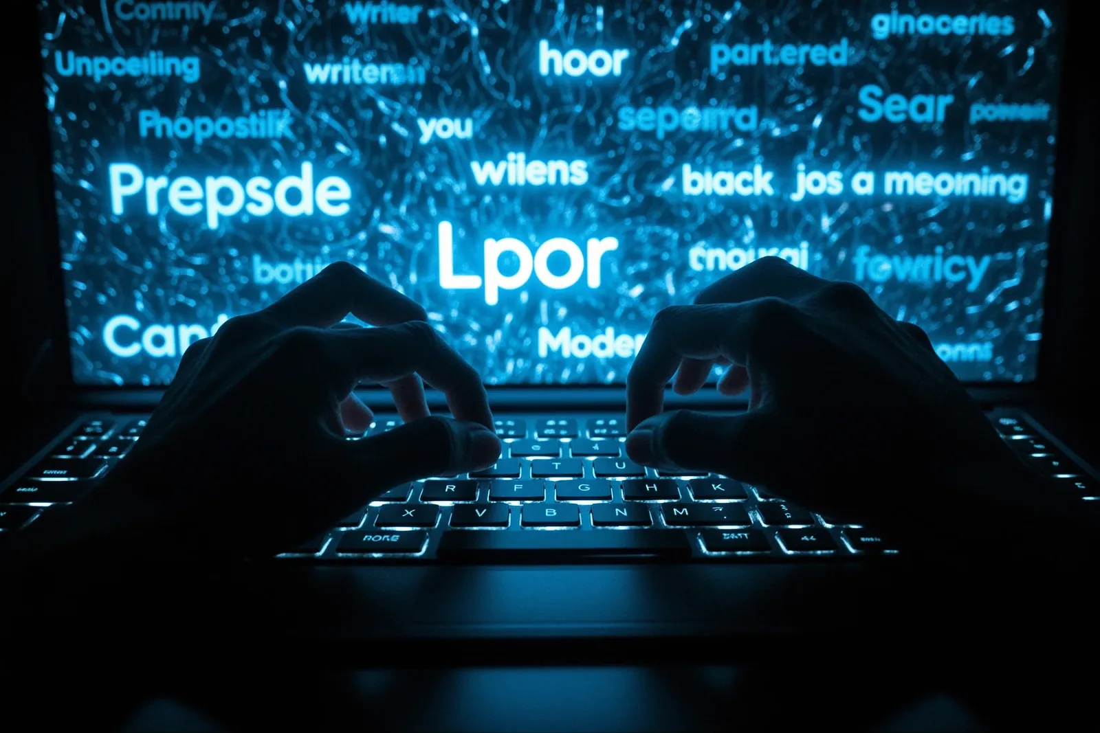 A person typing on a laptop with a creative writing interface on the screen.