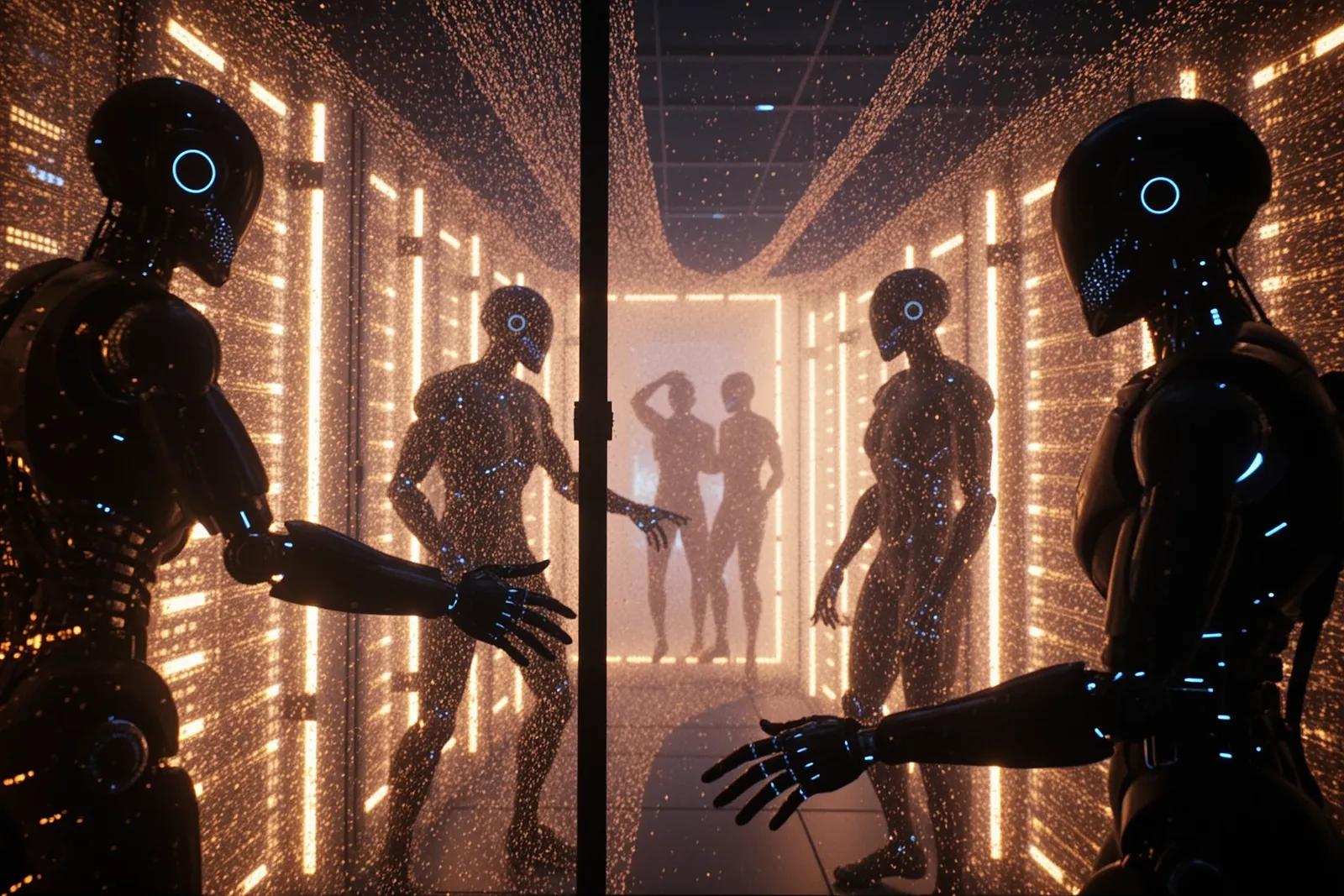 A group of AI agents depicted as robots collaborating on a computer screen.