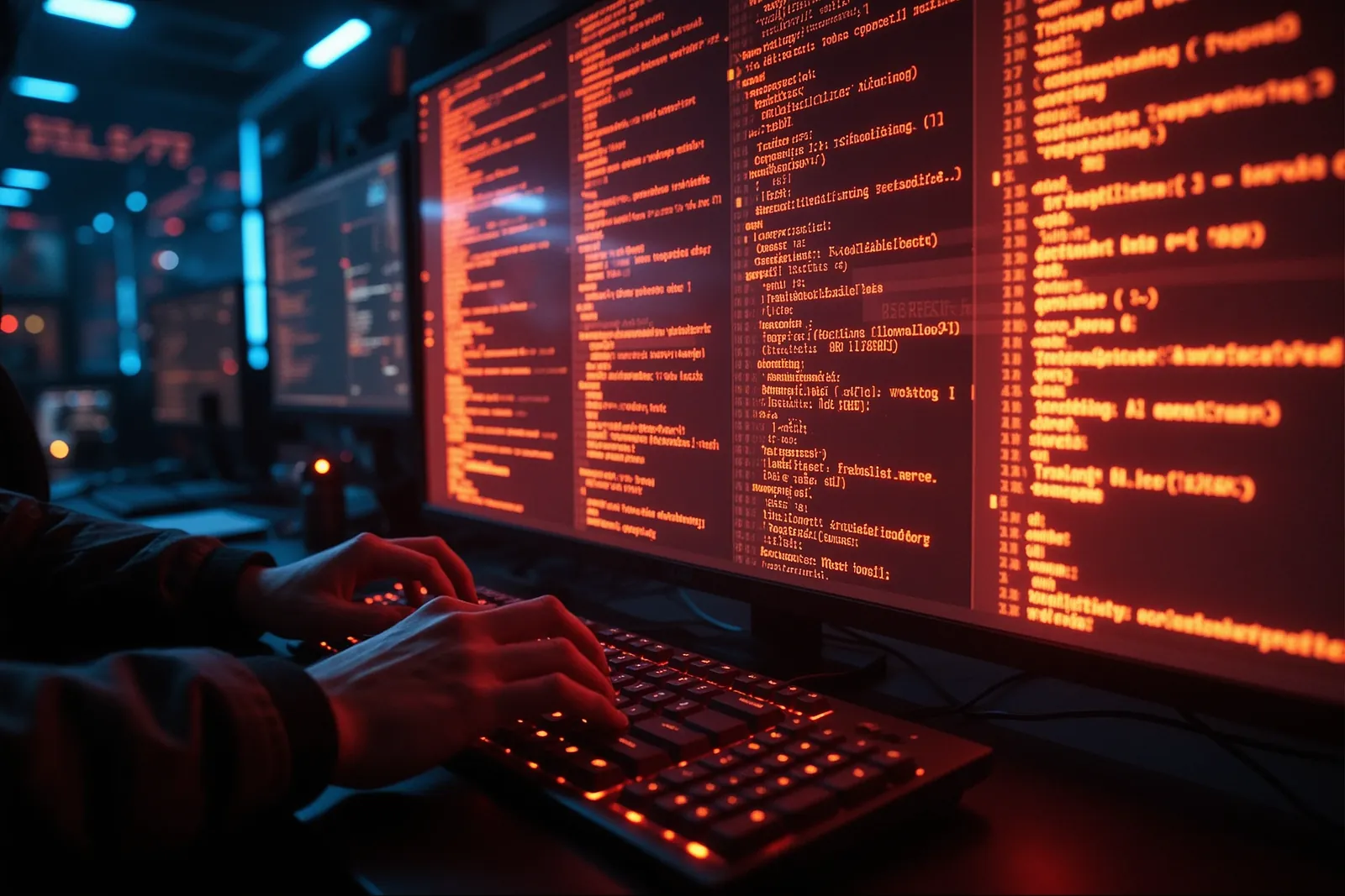 A computer screen displaying lines of code with a magnifying glass highlighting a section.