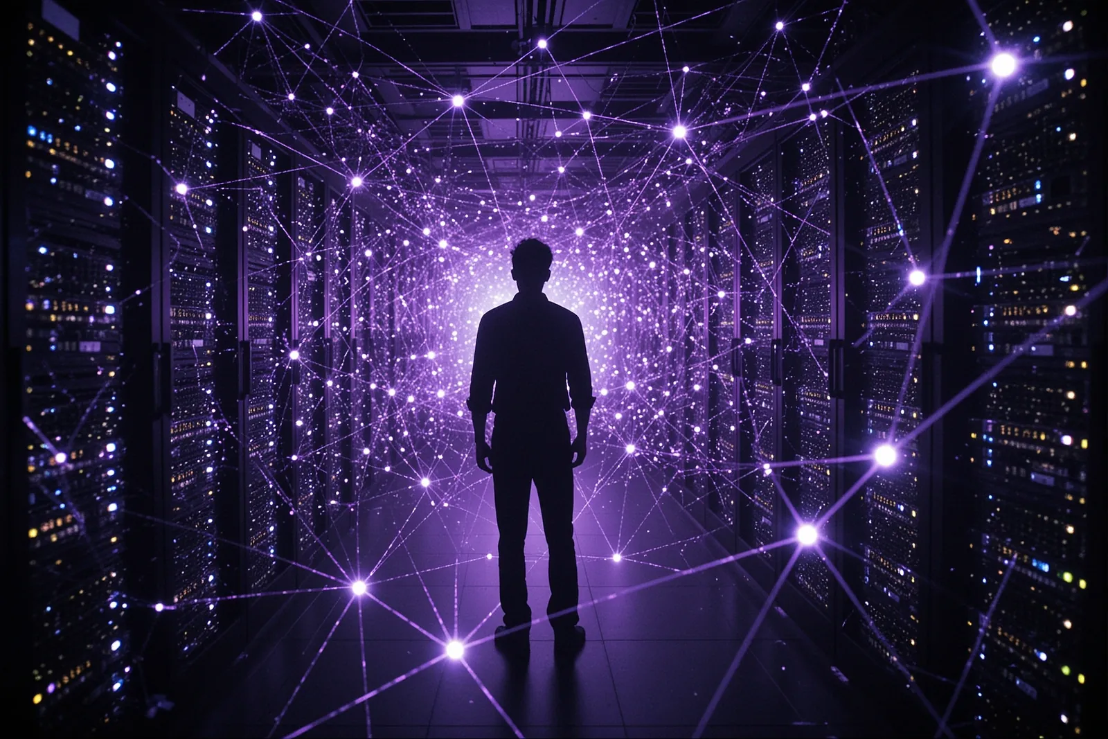 A complex network of interconnected AI agents and APIs.